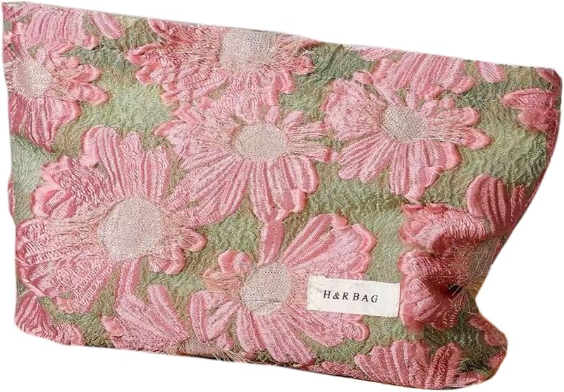 Necessaire RANIT rosa com flores 3D e zíper, tamanho grande