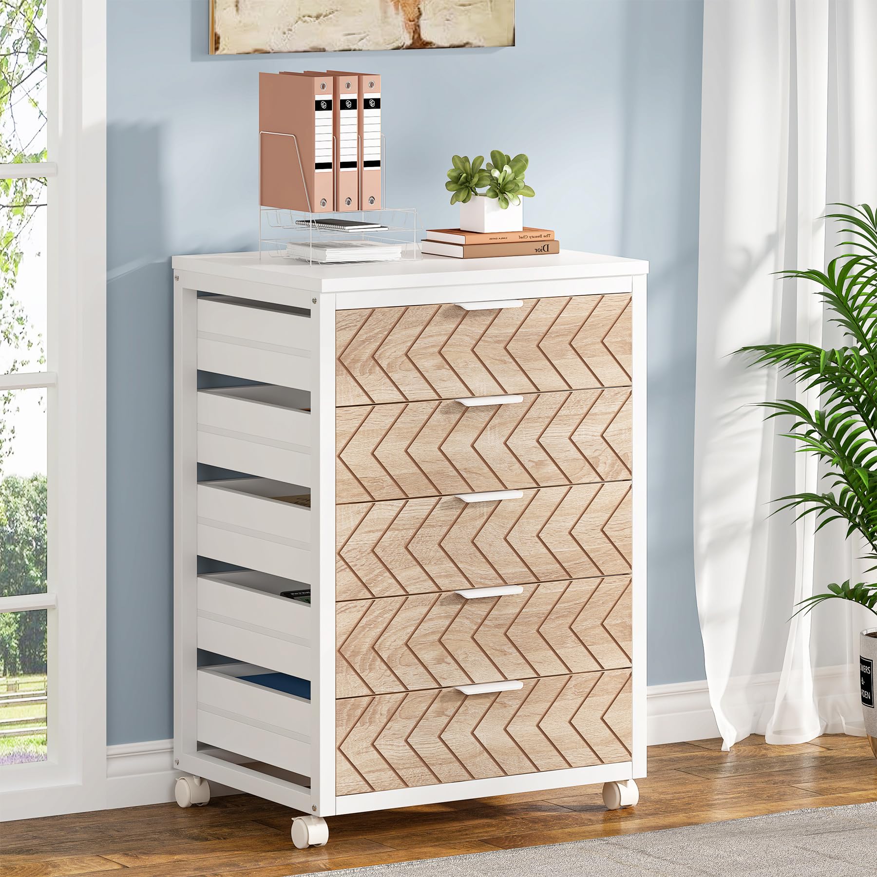 Tribesigns 5-Drawer File Cabinet, Wood Mobile Storage Drawer Unit, Industrial Office Cabinet with Drawers & Wheels, Rolling Printer Stand for Home