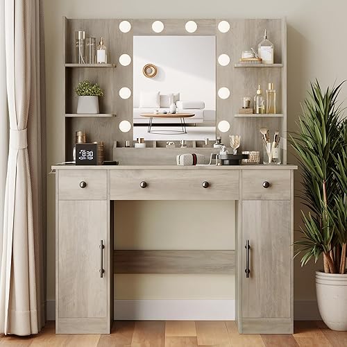 Miniatura 29 de Tocador de maquillaje negro con espejo y luces, mesa de tocador moderna con estación de carga, 7 cajones, gabinete de vidrio, estanterías y taburete