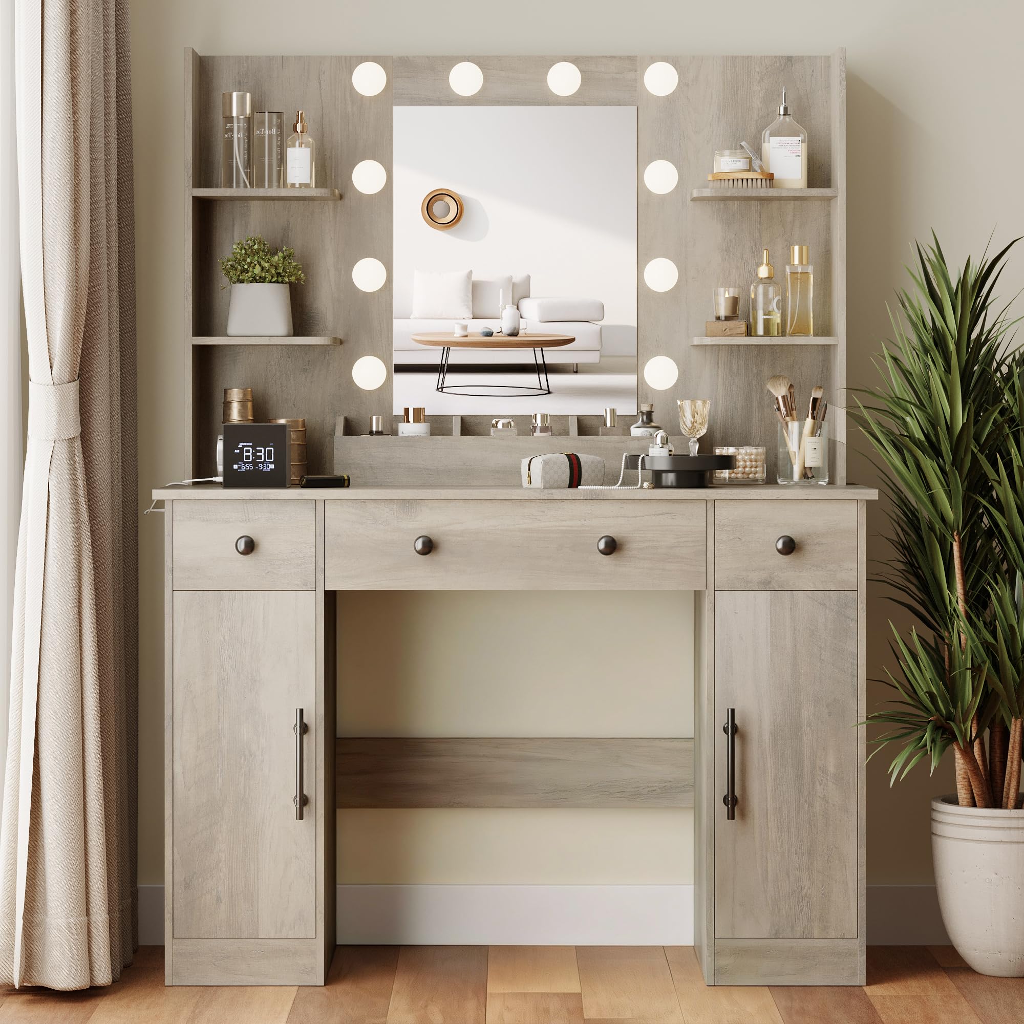 Wodeer Makeup Vanity Desk with Mirror and Lights, 43" Grey Vanity Set with 3 Drawers, Power Outlet &amp; Adjustable RGB LED Lights, Dressing Table with Storage Shelf for Women &amp; Girls Bedroom