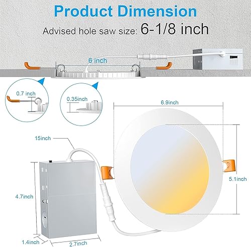 Miniatura 5 de Paquete de 6 lámparas de techo LED ultrafinas de 6 pulgadas y 12 W, con caja de conexiones de metal, 2700 K3000 K3500 K4000 K5000 K seleccionables,