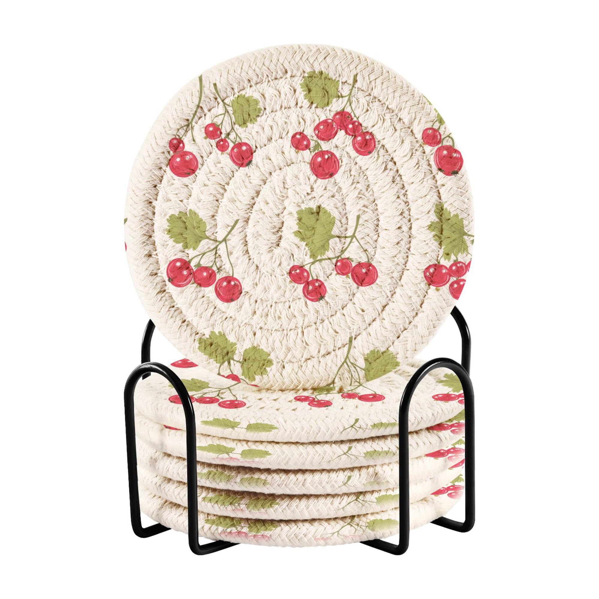 Cute Redcurrant Fruit White Cotton Rope Coasters Set with Holder 6 Pack Absorbant Coasters