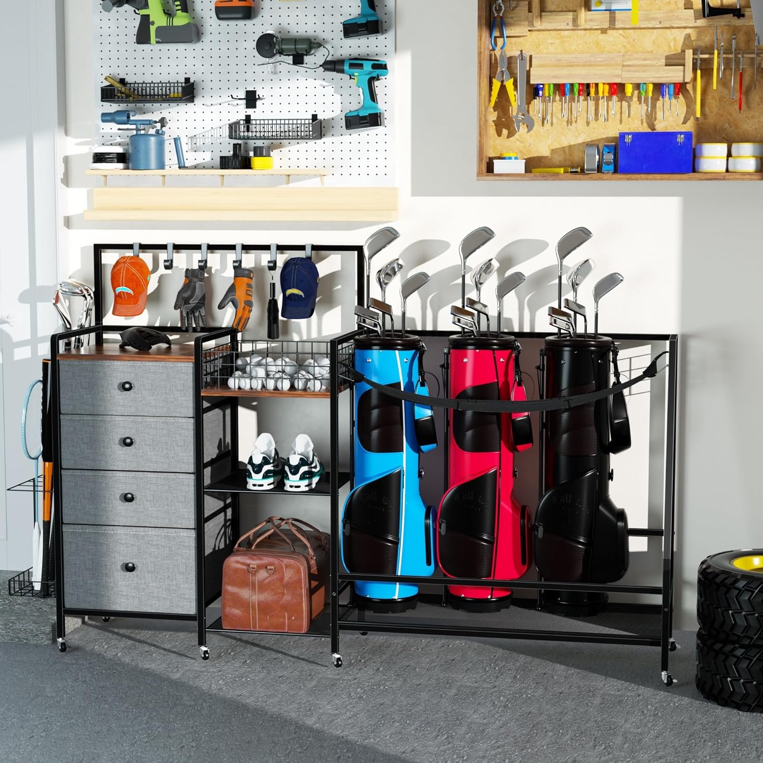 Golf Bag Storage Rack for Garage, Extra Large 70.07" Golf Organizer Fits 3 Golf Bags, Heavy Duty Metal Golf Equipment Storage Stand with 4 Drawers, Side Basket and Lockable Casters