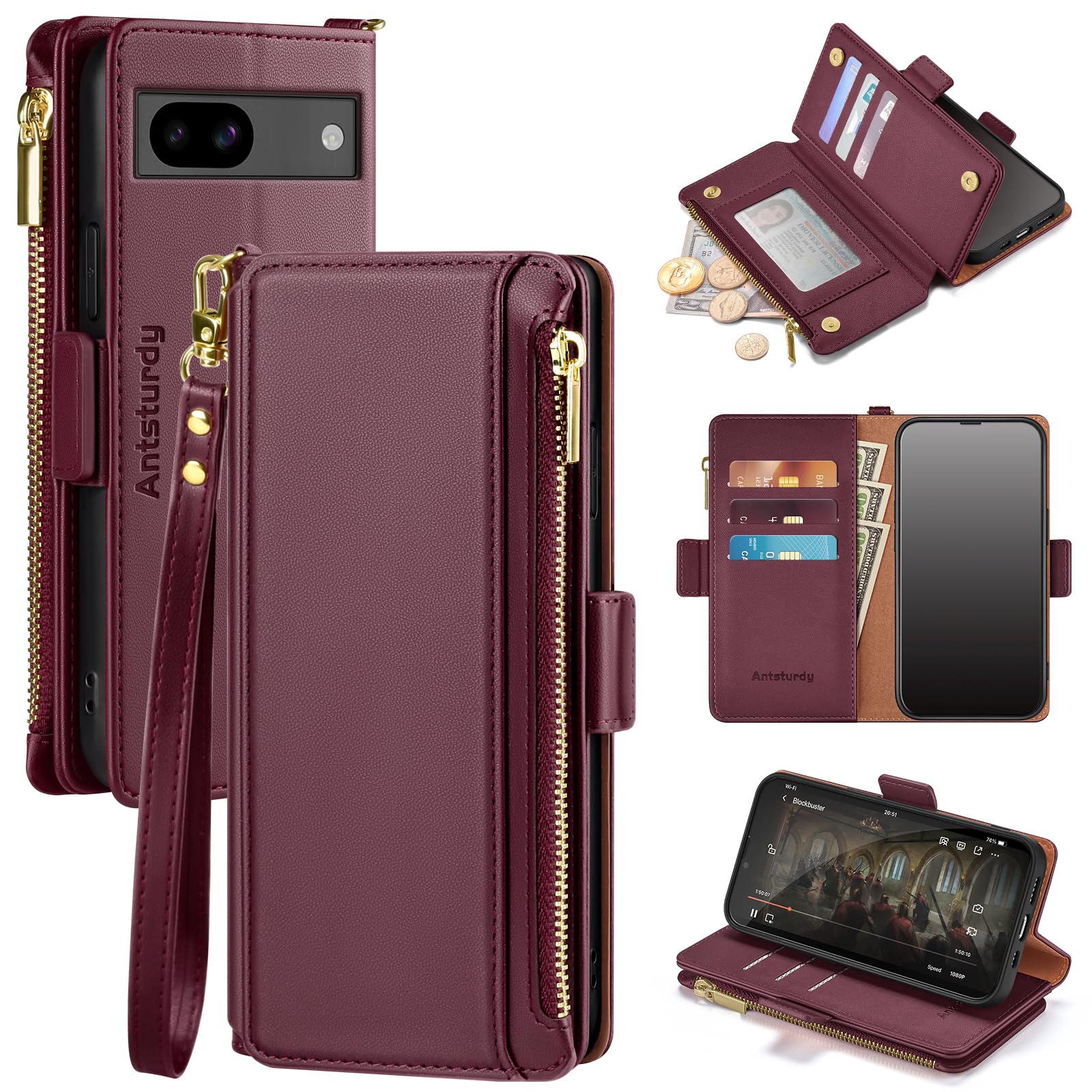 Antsturdy Compatible with Google Pixel 8a Case Wallet with Card Holder Women Men Phone Case RFID Blocking PU Leather Kickstand Flip Protective Cover