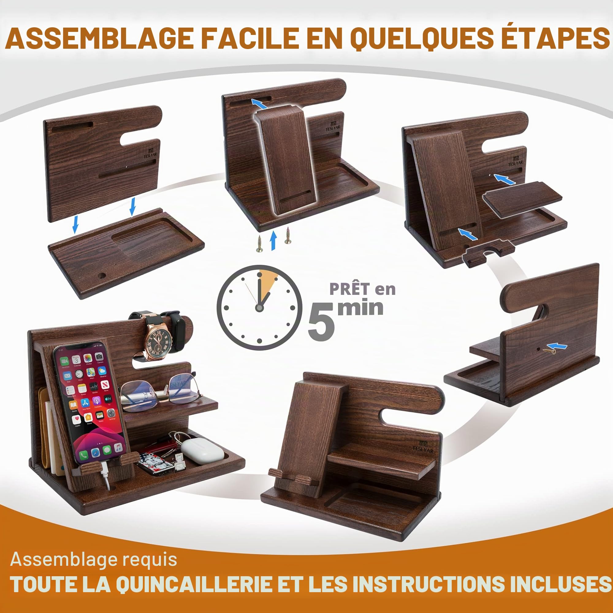 TESLYAR Station d'accueil en bois pour téléphone, montre, porte-clés, porte-monnaie, Gadget homme