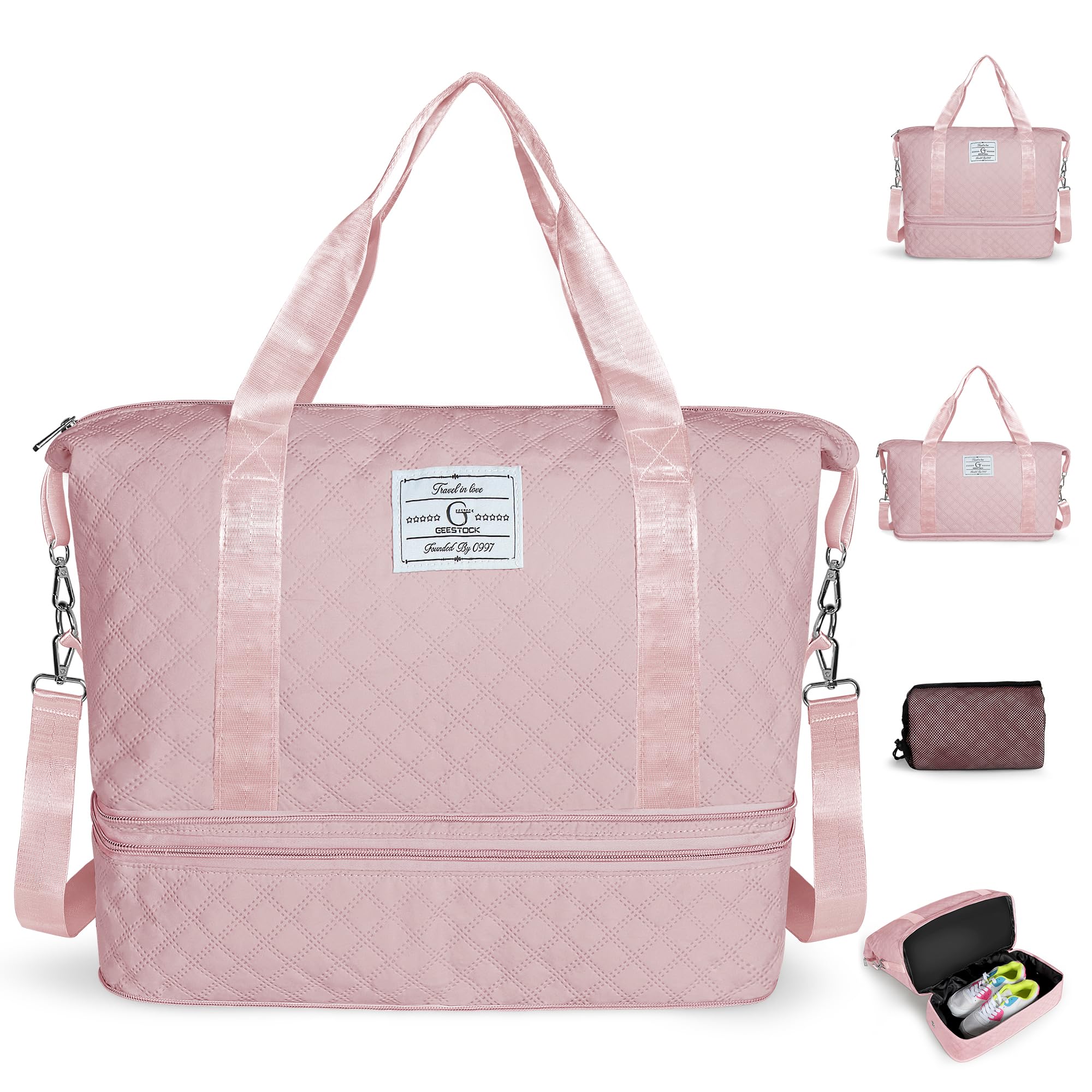 Geestock Weekender Reisetasche Damen, Travel Duffle Bag mit Schuhfach, Sporttasche Gym Yoga Bag, Handgepäck Tasche für Sport Reise Flugzeug, Rosa
