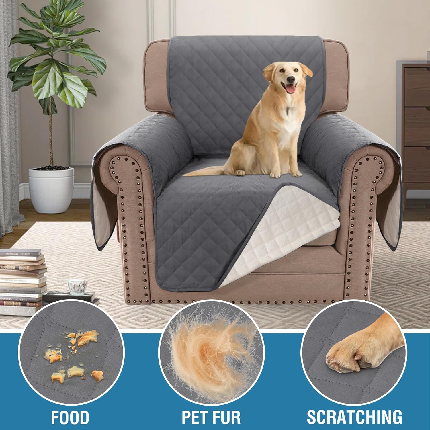 H.VERSAILTEX Chair Sofa Slipcover Sofa Cover 100% Waterproof Couch Cover Furniture Protector Cover with Elastic Straps for Pets Kids Children Dog Cat(Chair, Rocket Gray)