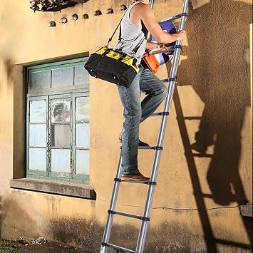3.2M Extension Ladder Multi-Purpose Stainless Steel Heavy Duty Strong Folding Telescoping Ladder, 330lbs Load Capacity, Non-Slip Rubber Feet Safety Locking Mechanism, Easy to Store or Transport