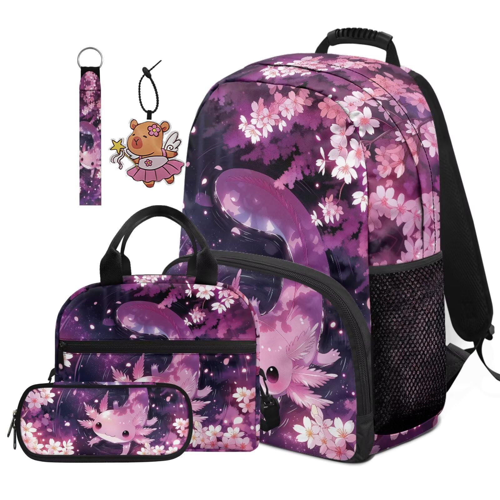COEQINE Zaino scolastico per ragazze 6-8-10-12 con portapranzo e grande astuccio portachiavi, borsa per laptop per libri elementari, 5 pezzi, Axolotl Galassia Viola