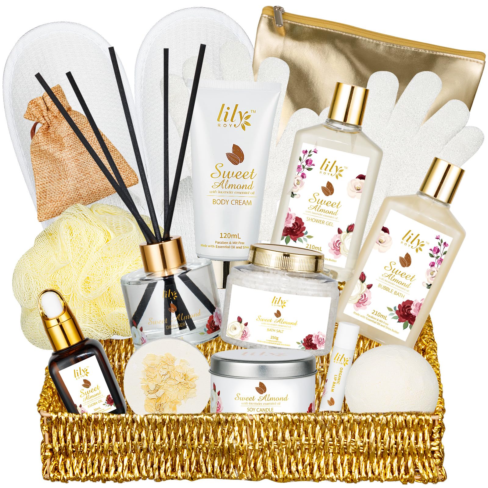 Christmas Spa Gift Basket Set for Women 17-Piece Almond Luxury Spa Gift Set Bath & Body Care Kit with Shower Gel, Body Cream | Valentine's, Mothers Day Gifts for Mom, Birthday Gifts for Her, Wife, Mom