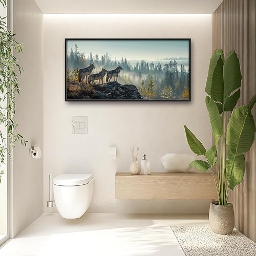 Miniatura 6 de Cuadros grandes enmarcados para sala de estar, lobos del bosque, decoración de pared de gran tamaño, estampado de animales de lobo, pintura impresa