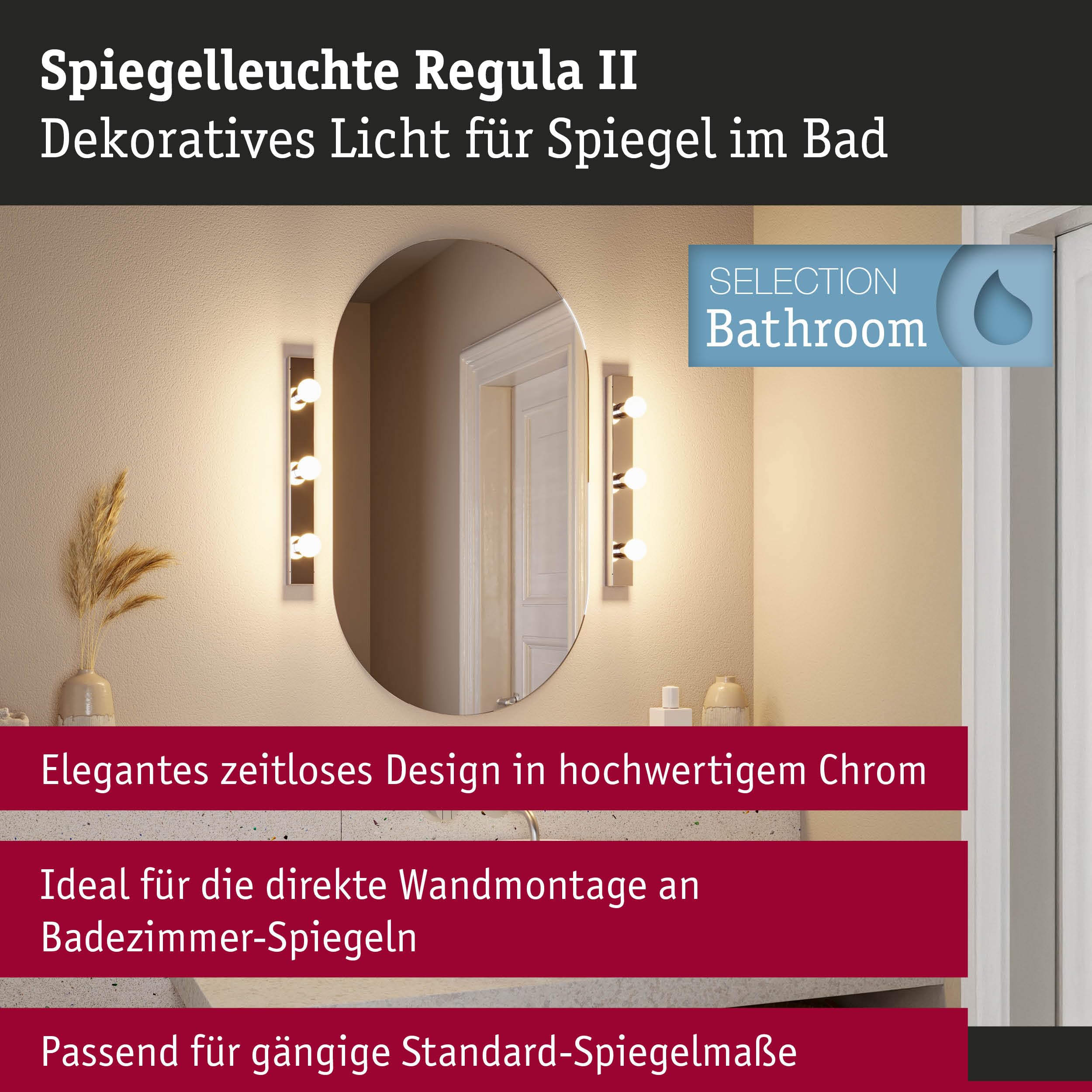 Paulmann 5317 Set Spiegelleuchte Regula II inkl. Leuchtmittel 3-flammig E14 2700K 3x470lm 230V 3x4,5W dimmbar Chrom, Opal