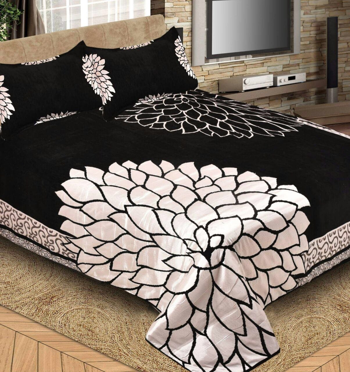 Chennile 450 TC Heavy Bed Cover with 2 Pillow Covers - Black-image-24