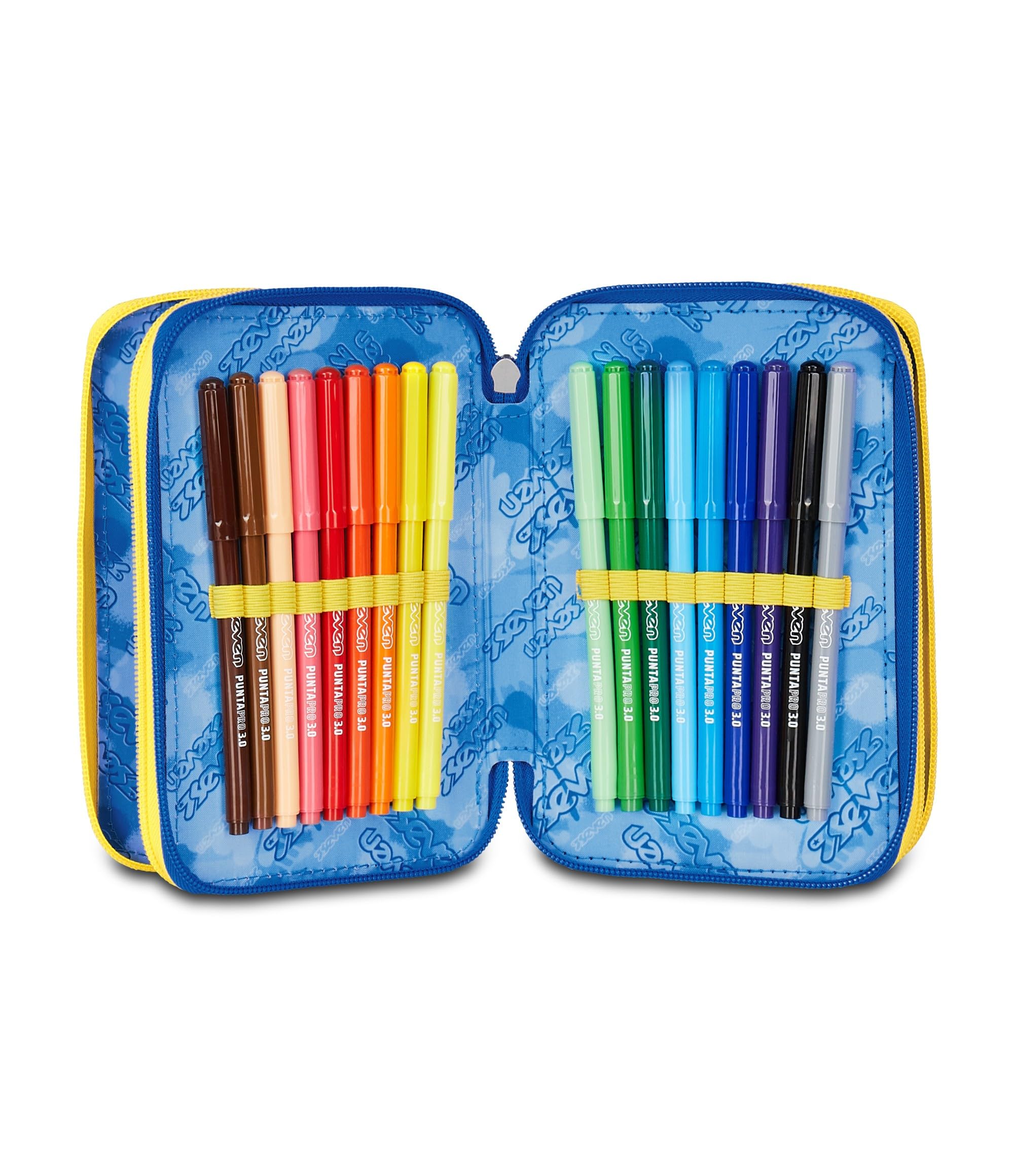 Seven Astuccio Scuola 3 Zip, Blu Giallo, Portapenne Triplo Scomparto Completo Di Penne, Matite, Colori, Accessori Zaino, Scuola Elementare, Bambino
