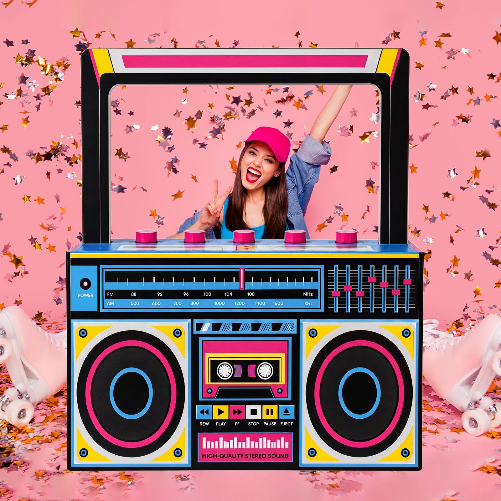 Pasimy 1,5 m Neon Boombox Photo Booth Puntelli anni '90 Retro Radio Speaker Selfie Frame Sfondo Cartone per 80s 90s Hip Hop Musica Tema Decorazione Festa di Compleanno Anni '80 Disco Rock Party
