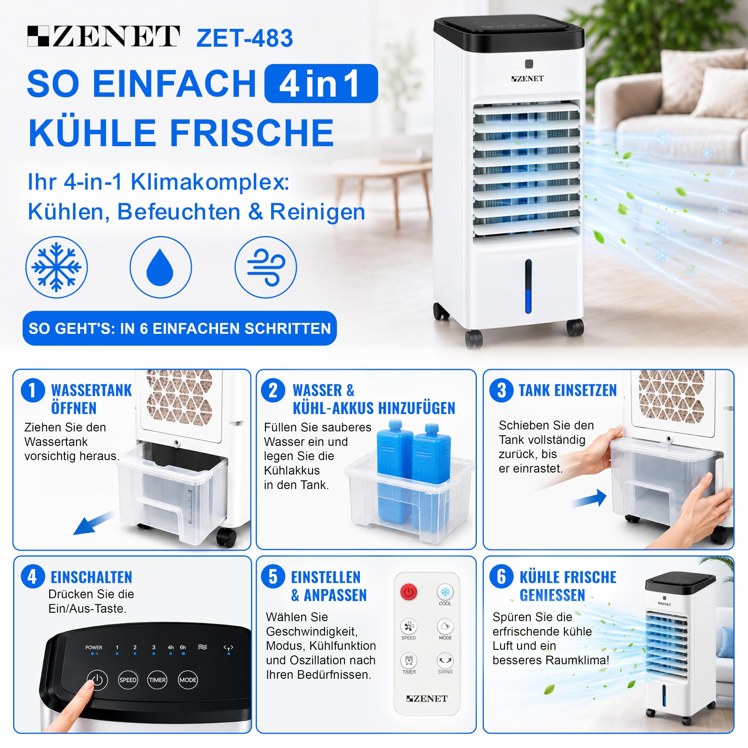 ZENET Luftkühler & Klimaanlage Mobil ohne Abluftschlauch 4-in-1 (3.5L, 65W) | Tragbare Ventilator mit Wasserkühlung, Luftbefeuchter, Luftreiniger für Zuhause, Zimmer, Büro, Timer, Fernbedienung