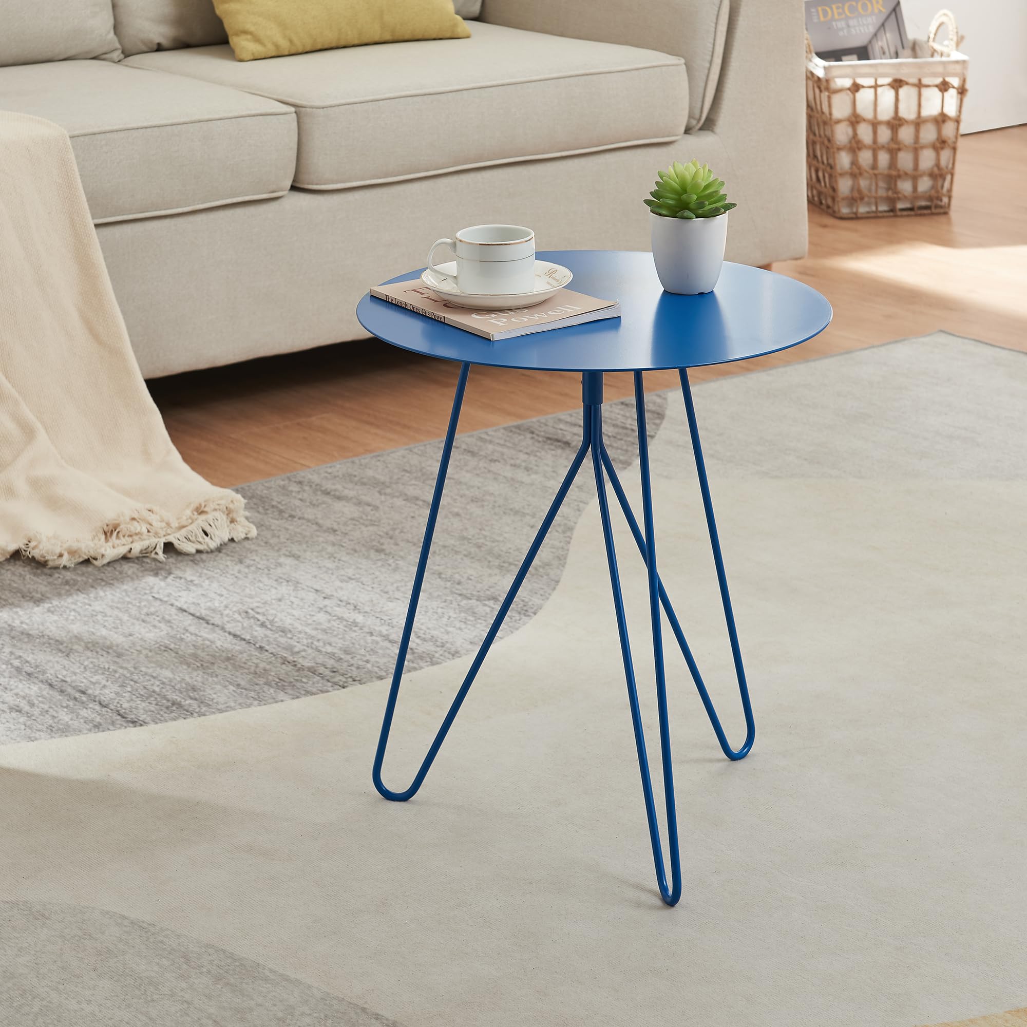 [en.casa] Tavolino Laterale con Gambe a Forcina Hairpin Tavolino da Caffè a Piano Rotondo 45 x Ø43 cm in Metallo per Soggiorno Salotto Camera da Letto - Blu Opaco