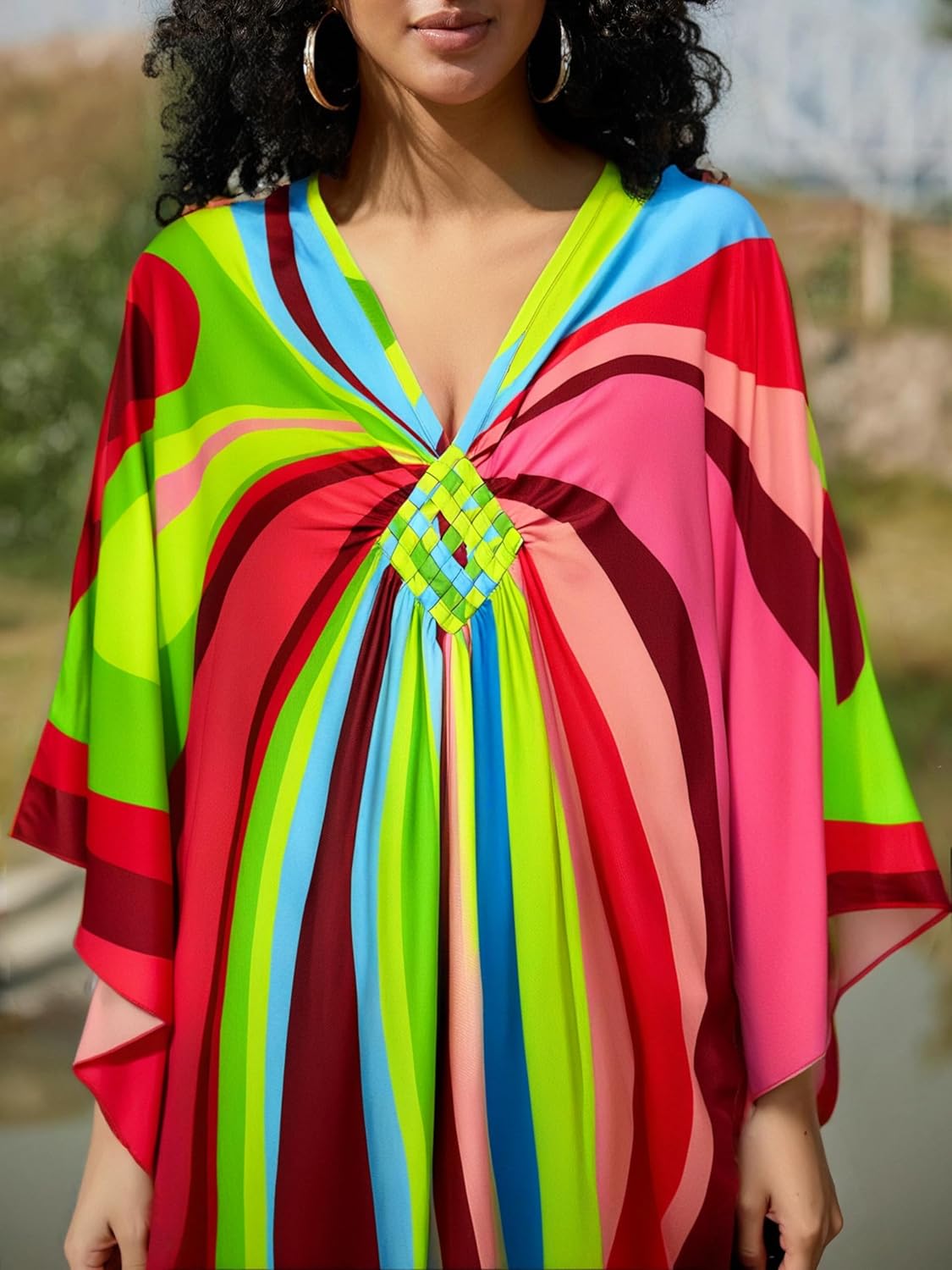 Kaftan Dresses for Women Wave Neck Swimsuit Cover Up Caftan Dress Plus Size Oversized Long Beach Dress - Image 3