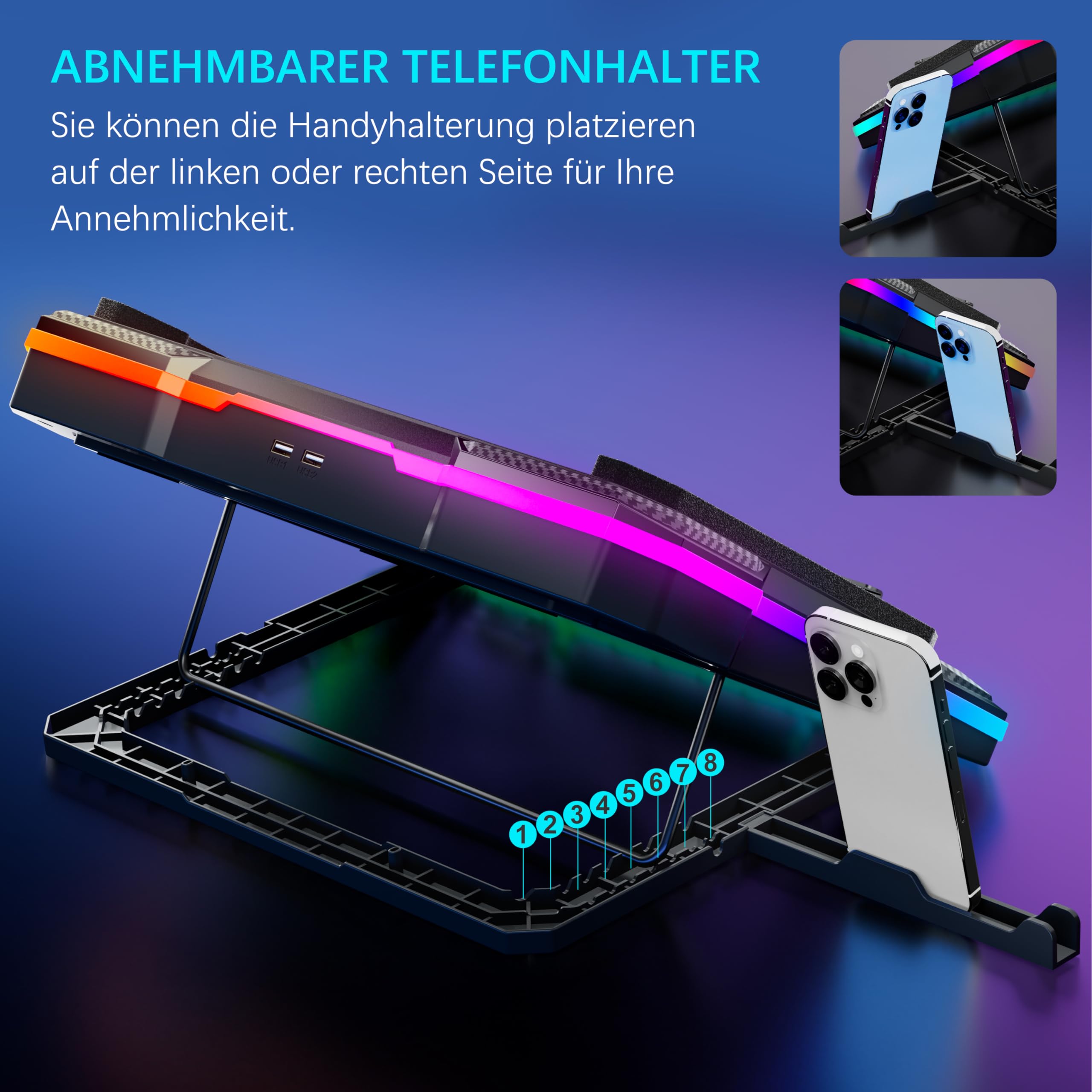 Laptop Kühlkissen Leistungsstarker Turbolüfter RGB Gaming Notebook Kühler MOOJAY Laptop Lüfter Kühlständer mit 8 Höhenverstellbar und Handyständer, für 14-19 Zoll Laptop - Eisblau LED Licht