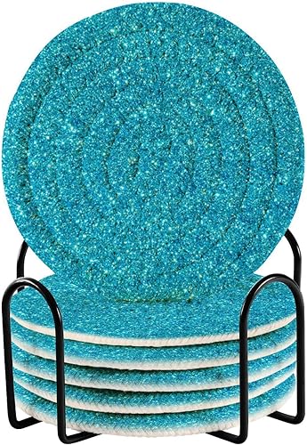 Juego de 6 posavasos absorbentes con soporte para bebidas, posavasos absorbentes para mesa, Porta Vasos para Mesas, Azul Purpurina