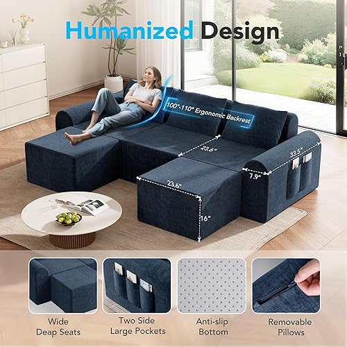 Vista 3 de Sofá modular Cloud con 2 otomanas y 3 almohadas, sofás sin hueso para sala de estar, sofá seccional en forma de U, asiento profundo, cómodo sofá Azul