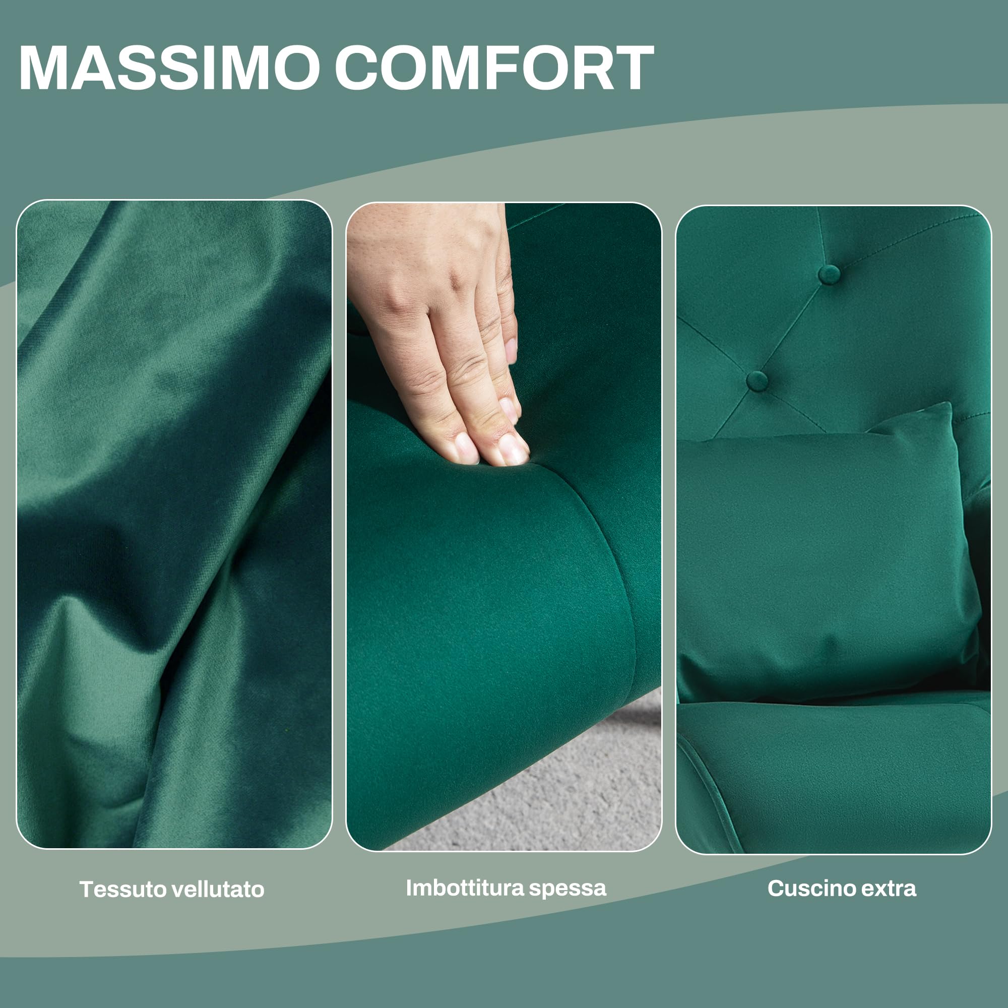 HOMCOM Poltrona a Dondolo in Velluto con Schienale Alto, Sedia a Dondolo con Cuscino e Braccioli per Salotto e Camera da Letto, Verde
