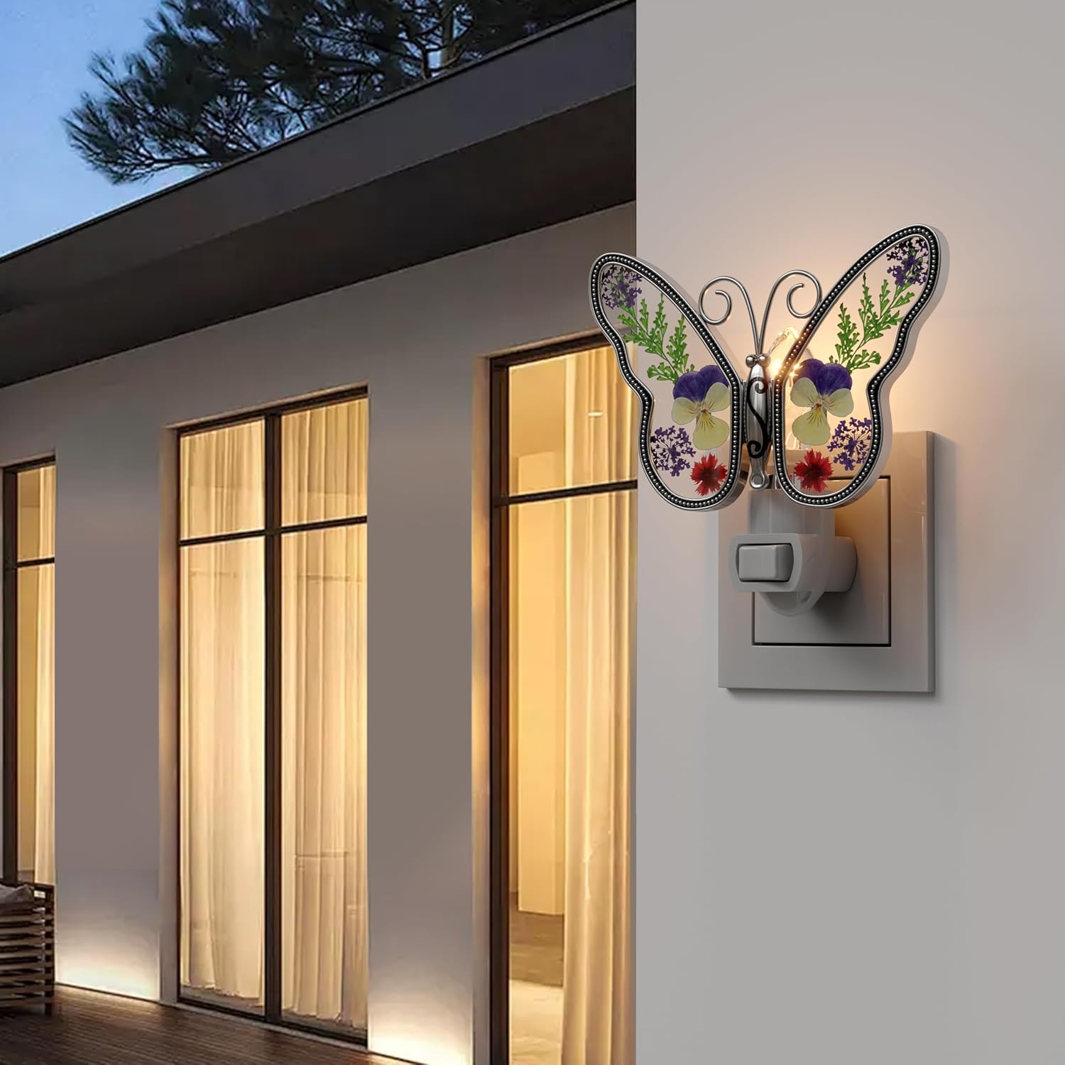 KY&BOSAM Butterfly Night Lights Plug into Wall 1-Pack 7W Plug in Night Light Dusk to Dawn 3000K Warm White Bright Real Flower+Metal Nightlight Switch-On/Off for Adults Kids Room Bathroom Kitchen Decor