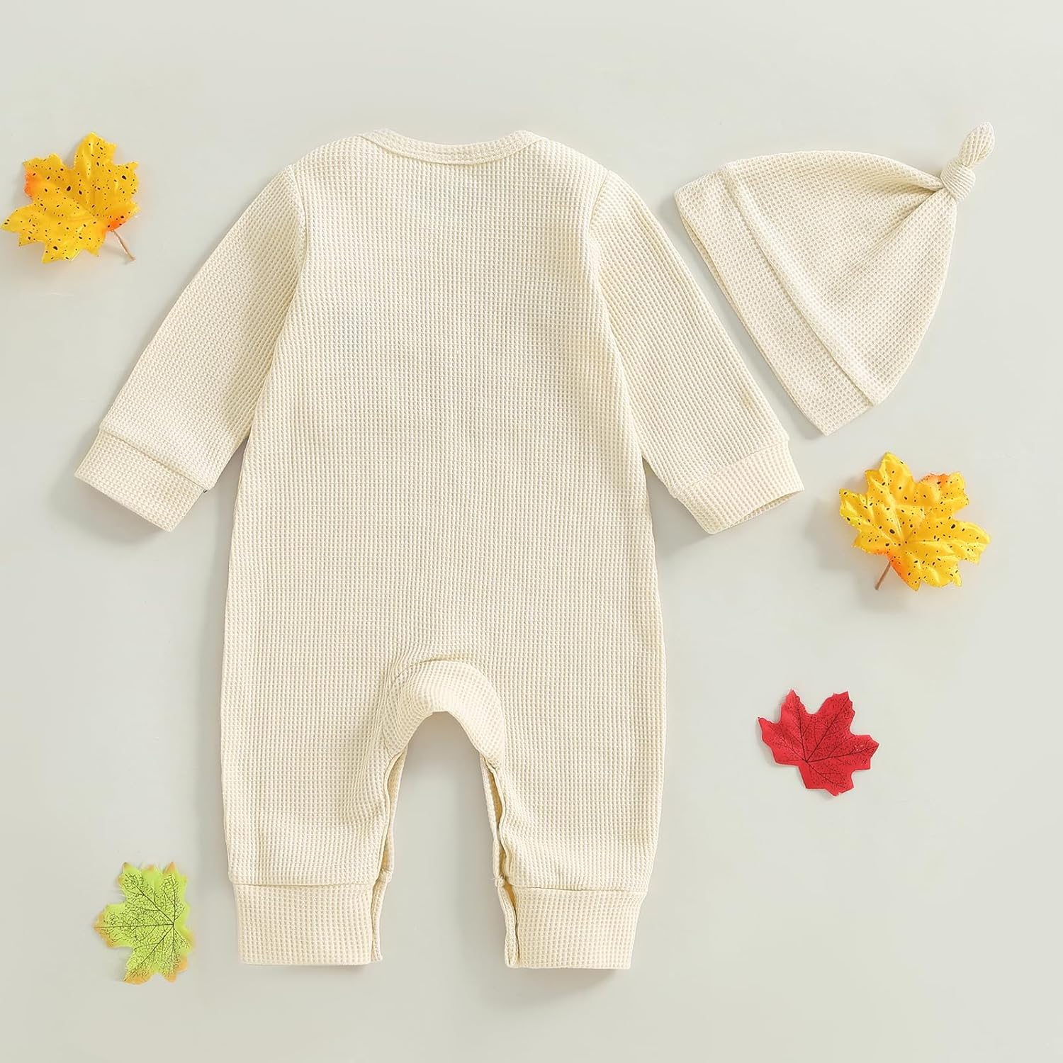 Newborn Baby Boy Thanksgiving Outfit Little Turkey Embroidery Waffle Knit Romper Jumpsuit Hat Coming Home Outfit - Image 7