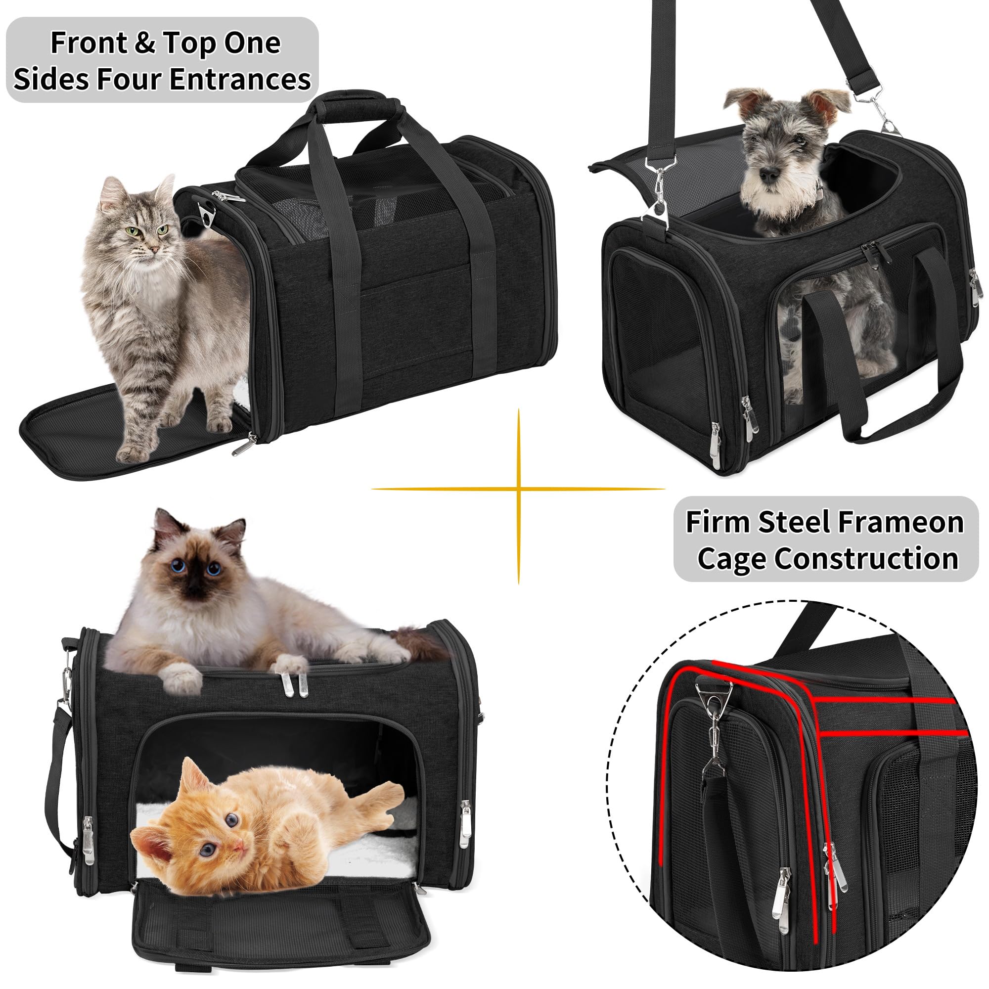 Soft-Sided Cat/Dog/Pet Carrier, Collapsible Pets Travel Carriers for Big Cats/Small Dogs with Shoulder Strap & Removable Mat, Mesh Puppy Carry Bag, Up to 16 Lbs, TSA Airline Approved(Black) - image 5