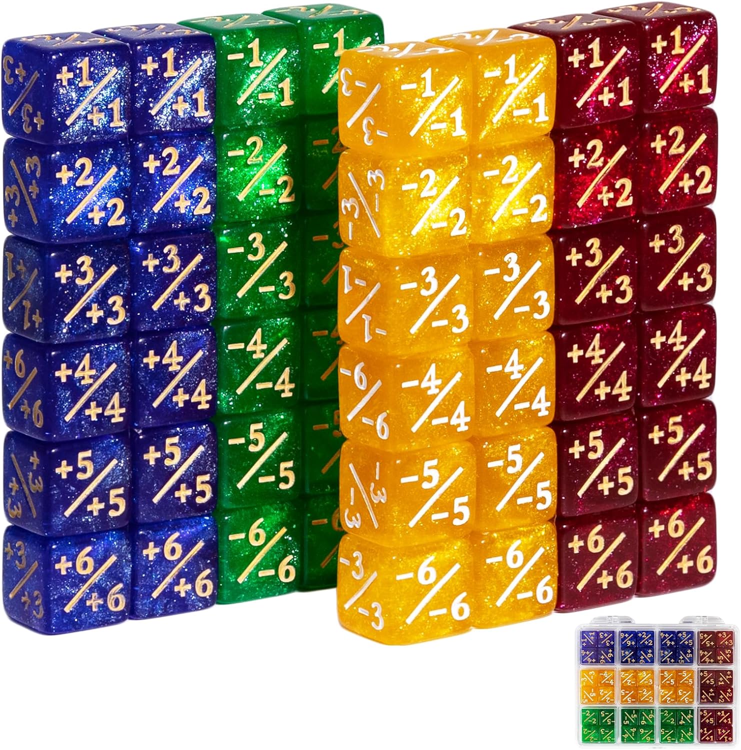 SIXPOINTS 48Pcs 12mm MTG Counter Dice Plus 1 Life Counters +1/+1 Tokens 4 Color 6 Sided Dice Set with Case for Magic The Gathering, MTG, TCG, Card Games Accessories (Blue &Yellow &Red &Green)