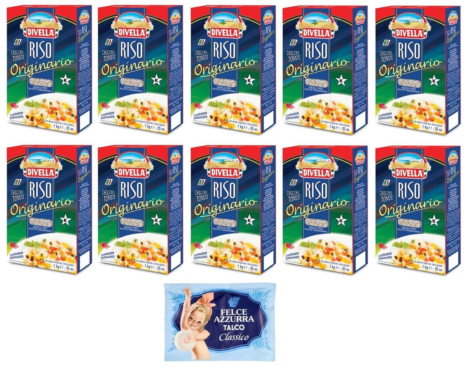 Lot de 10 grains de riz ronds Divella Riso Originario, riz italien, idéal pour les recettes traditionnelles, emballage sous vide de 1 kg + 1 sachet de talc Felce Azzurra gratuit, sachet de 100 g