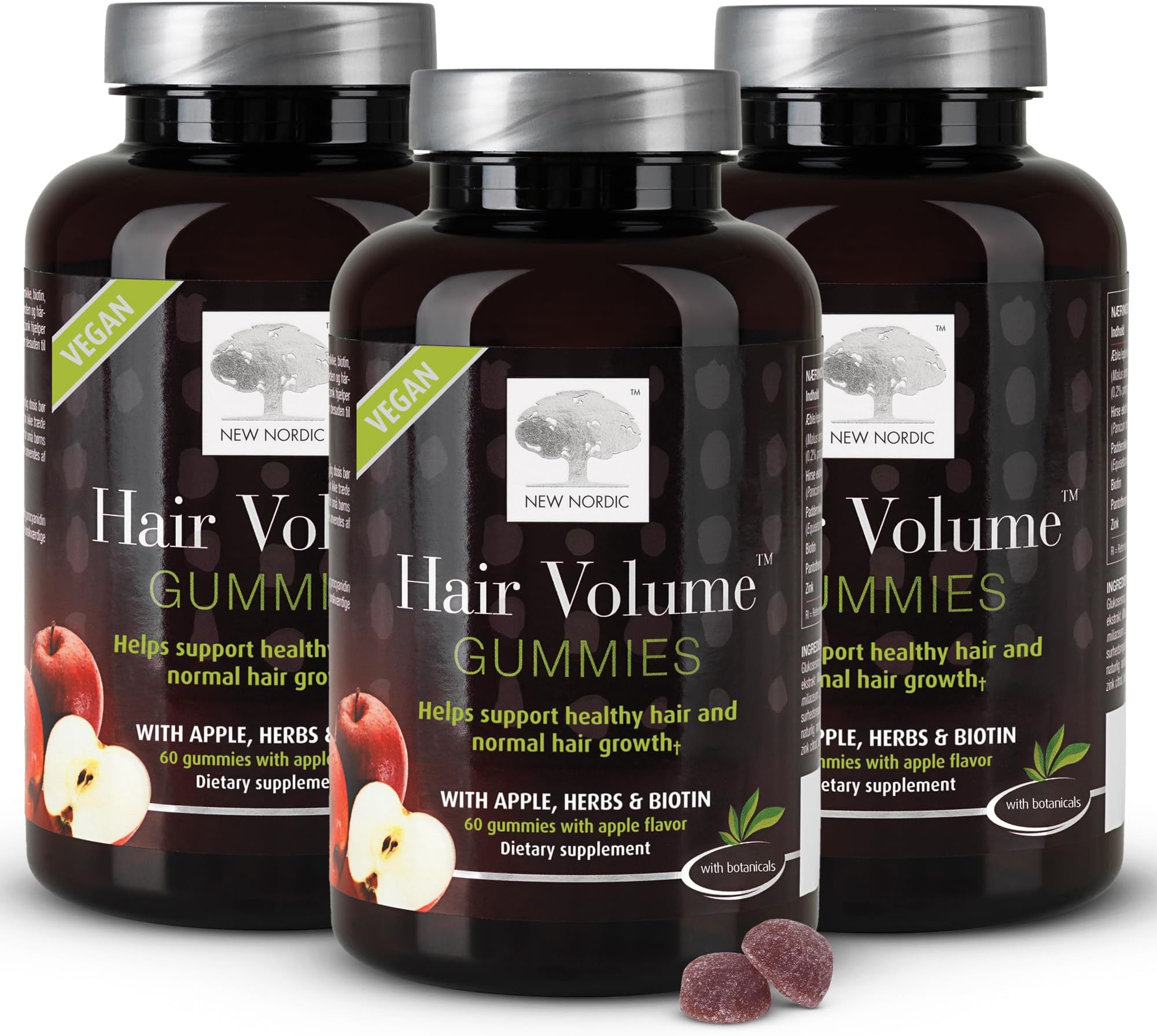 NEW NORDIC Hair Volume Gummies, 2500 mcg Biotin, Daily Hair Vitamins Supplement to Support Hair Skin & Nails, Vegan, 60 Count (Pack of 3)