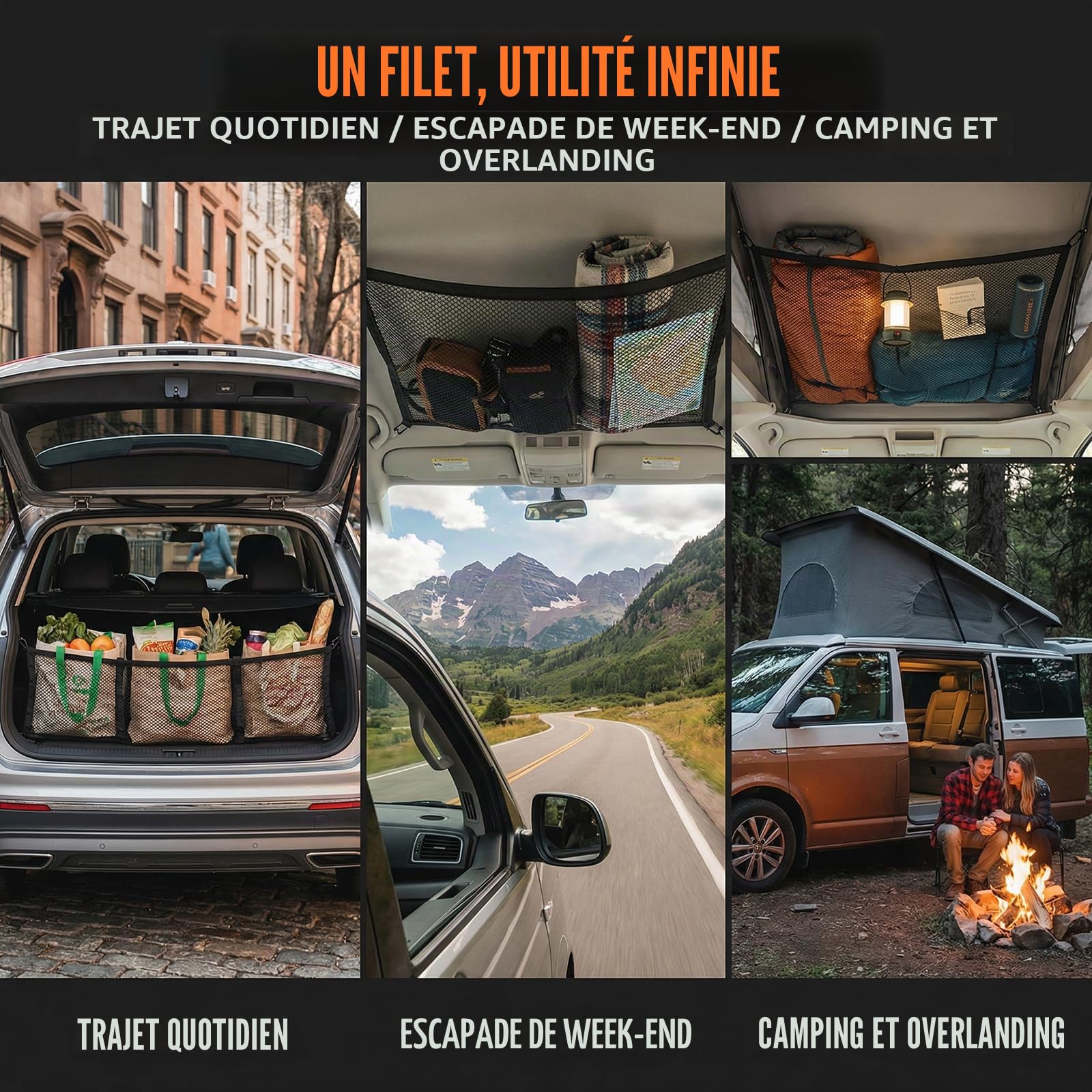 Filet de Rangement de Voiture pour Toit d'installation VW T5 T6, Élastique Filet de Rangement de Poche Oganizer de Rangement pour Camping Car avec 4 Crochets