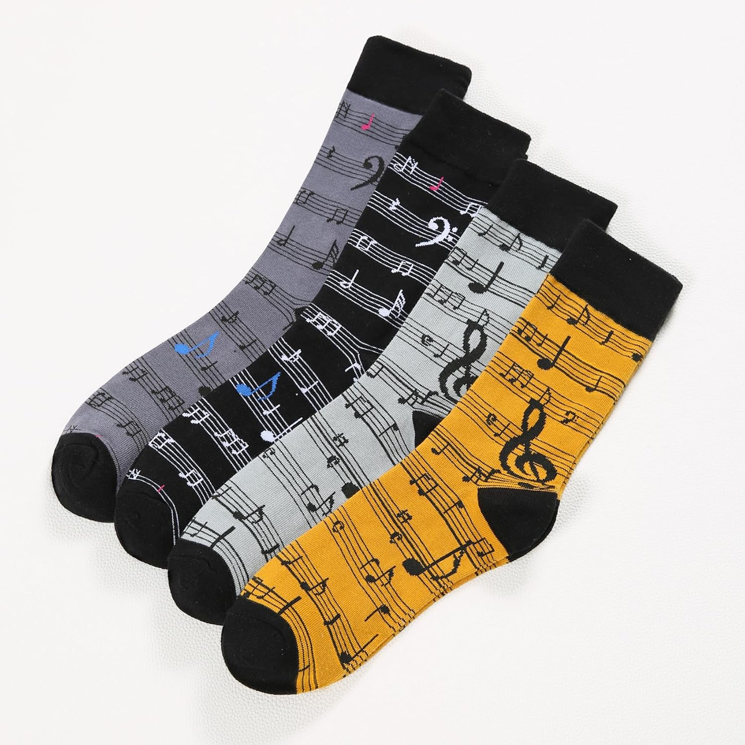 Men‘s Music Note Socks 4-Pack - Black White Grey Yellow, Knit-in Pattern Cotton Crew Socks, Gift for Him