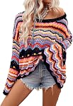 Floerns Femmes surdimensionné Tige couleur Contraste Hollow Crochet Pullover tricoté long manches