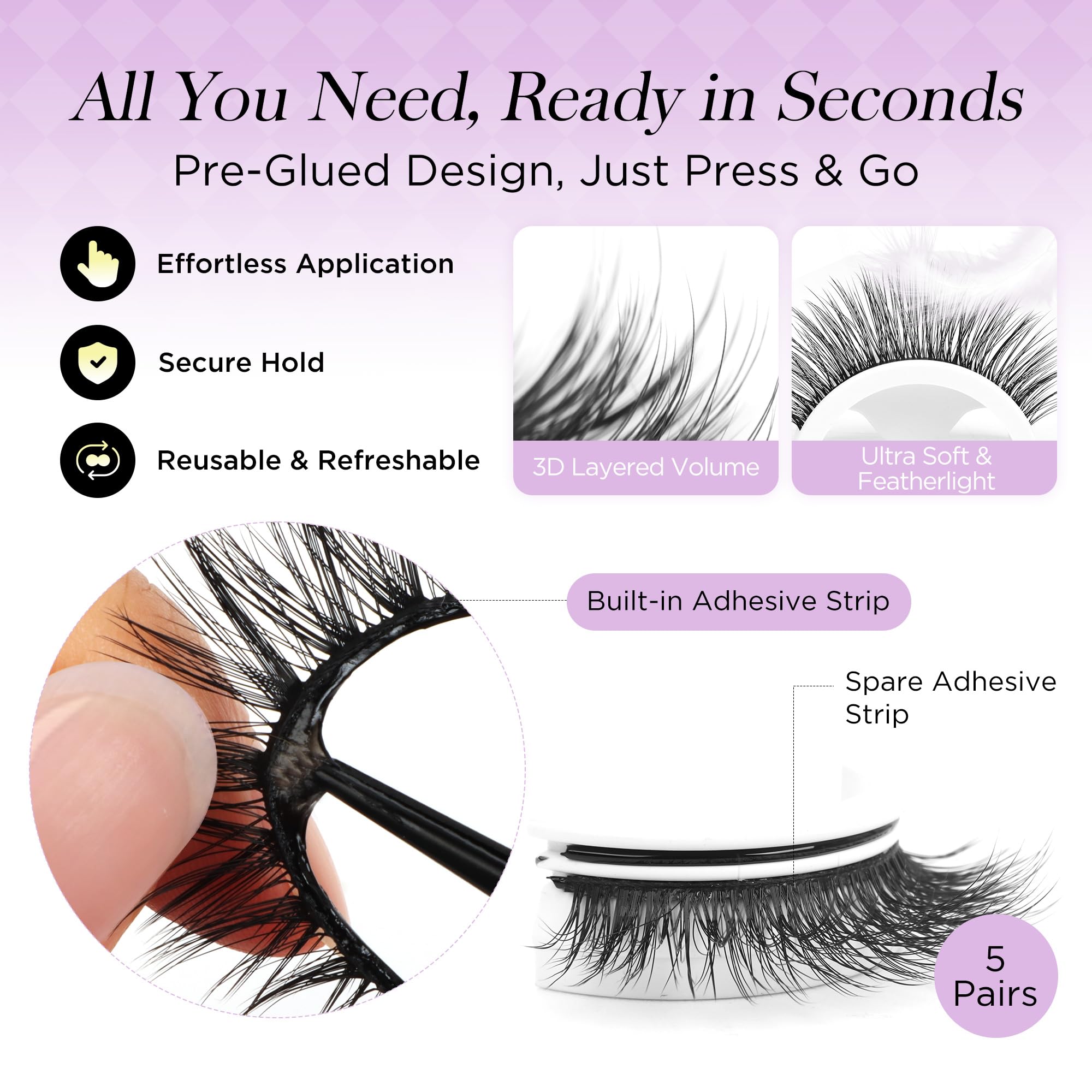 BEYELIAN Self Adhesive Eyelashes Natural Look, Pre Glued Wispy False Lashes No Glue Required, Faux Mink Eyelashes 5 Pairs