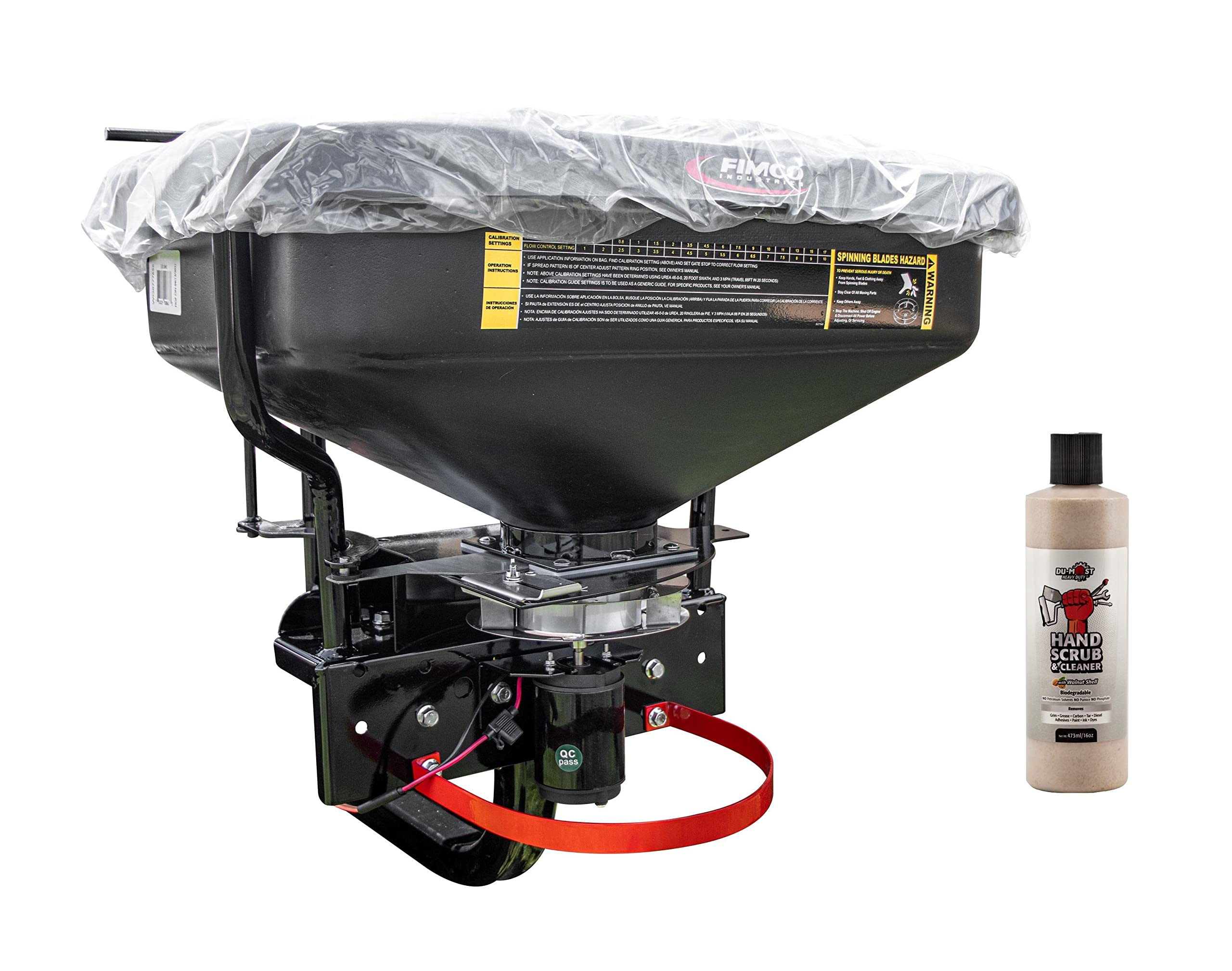 FIMCO 5302957 (ATV-DMS-12V-2RC) 2.2 cu ft ATV/UTV Dry Material Spreader with 2" Receiver Mount & Rain Cover Bundle with DU-Most Heavy-Duty Walnut Hand Scrub & Cleaner, 16 oz