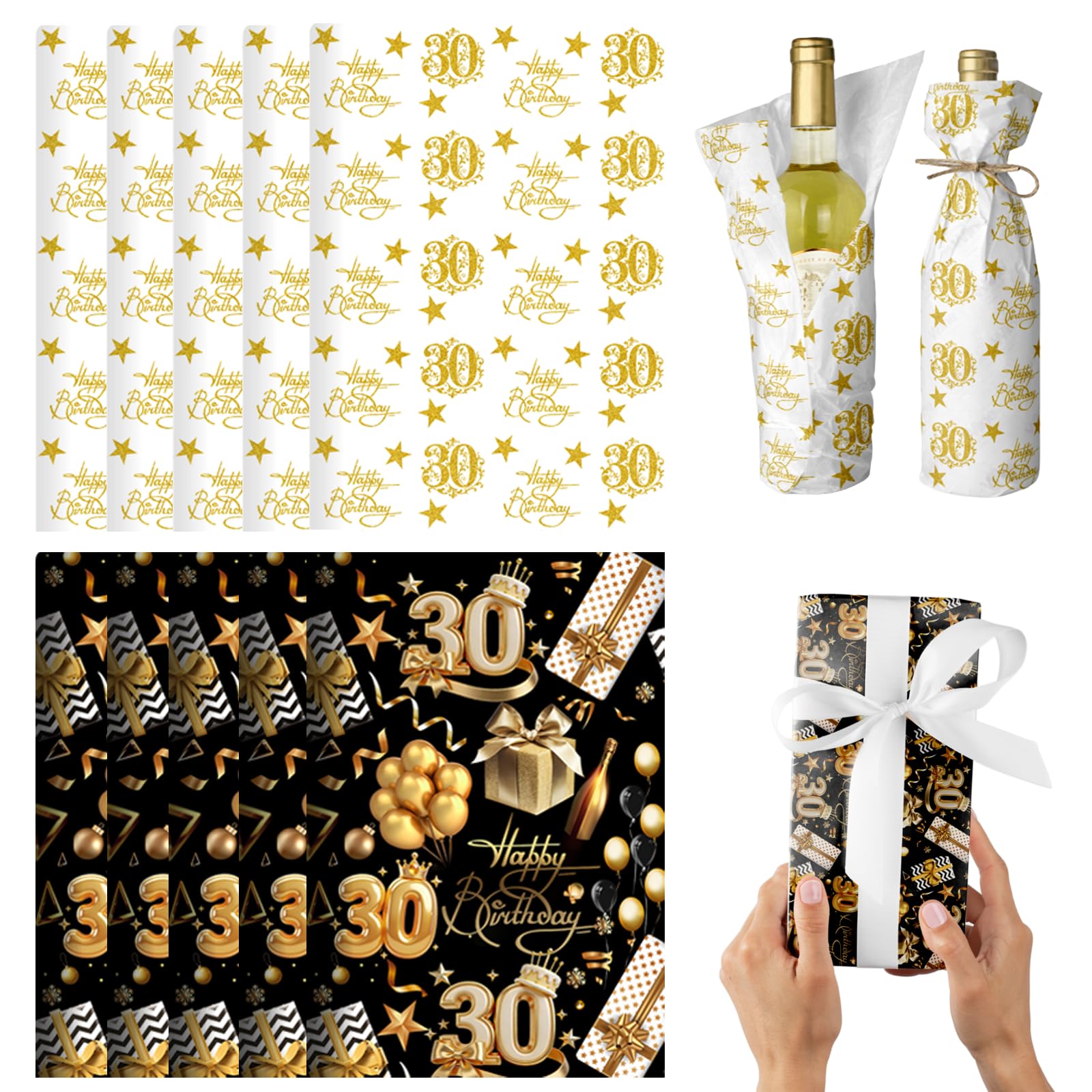 POPOYU 10 Pcs 30th Birthday Wrapping Paper,35x50cm Gift Wrapping Paper Sheets for 30thBirthday,Black Gold Gift Wrapping Paper Sheet for 30thBirthday,Happy Birthday Wrapping Paper for Birthay Gift Wrap