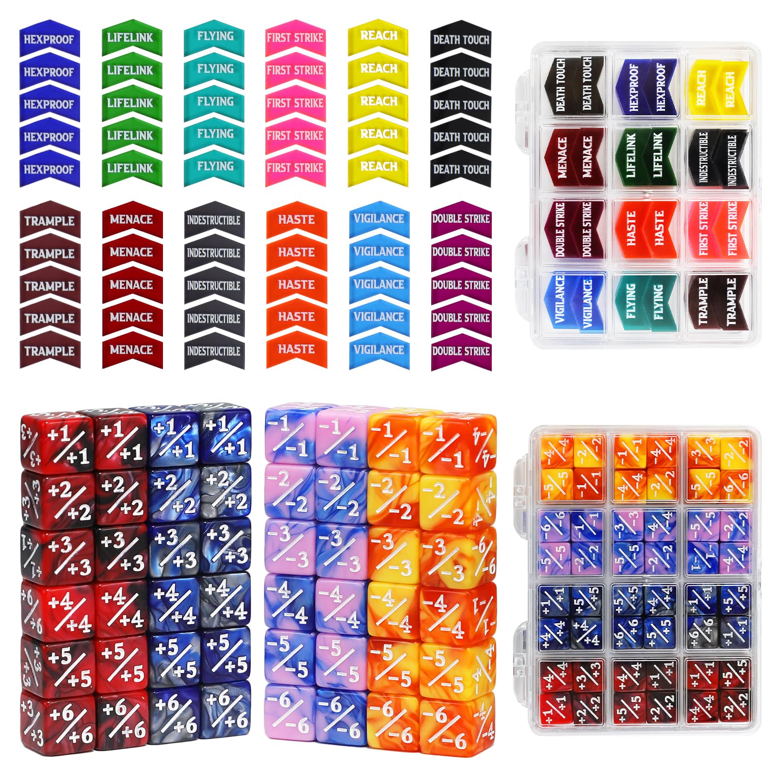 SIXPOINTS 108PCS 12mm MTG Counter Dice +1/+1 Tokens 6 Sided Dice & MTG Keyword Counters Tokens Set for Magic The Gathering, MTG, TCG, Card Games Accessories (4 Color Dices#E + MTG Keyword Counters) โ image 1
