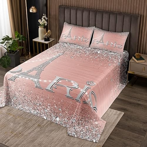 Erosebridal Juego de edredón de la Torre Eiffel para niñas, juego de colcha romántica de París rosa y plateado, juego de colcha de diamantes con