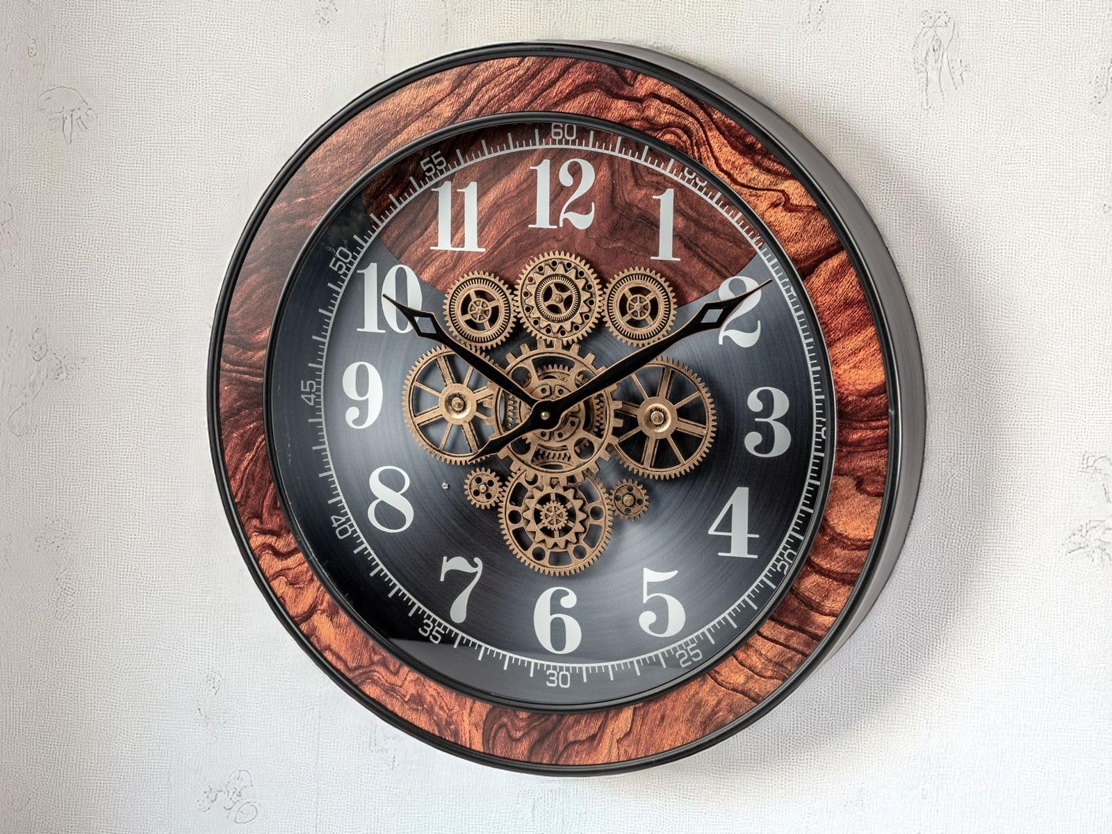 formano XXL Wanduhr antik Zahnräder 58x58cm Metall, goldene drehende Zahnräder Wurzelholz-Dekor, batteriebetrieben, Vintage Design, edle Uhr für Wohnzimmer, sichtbare Mechanik