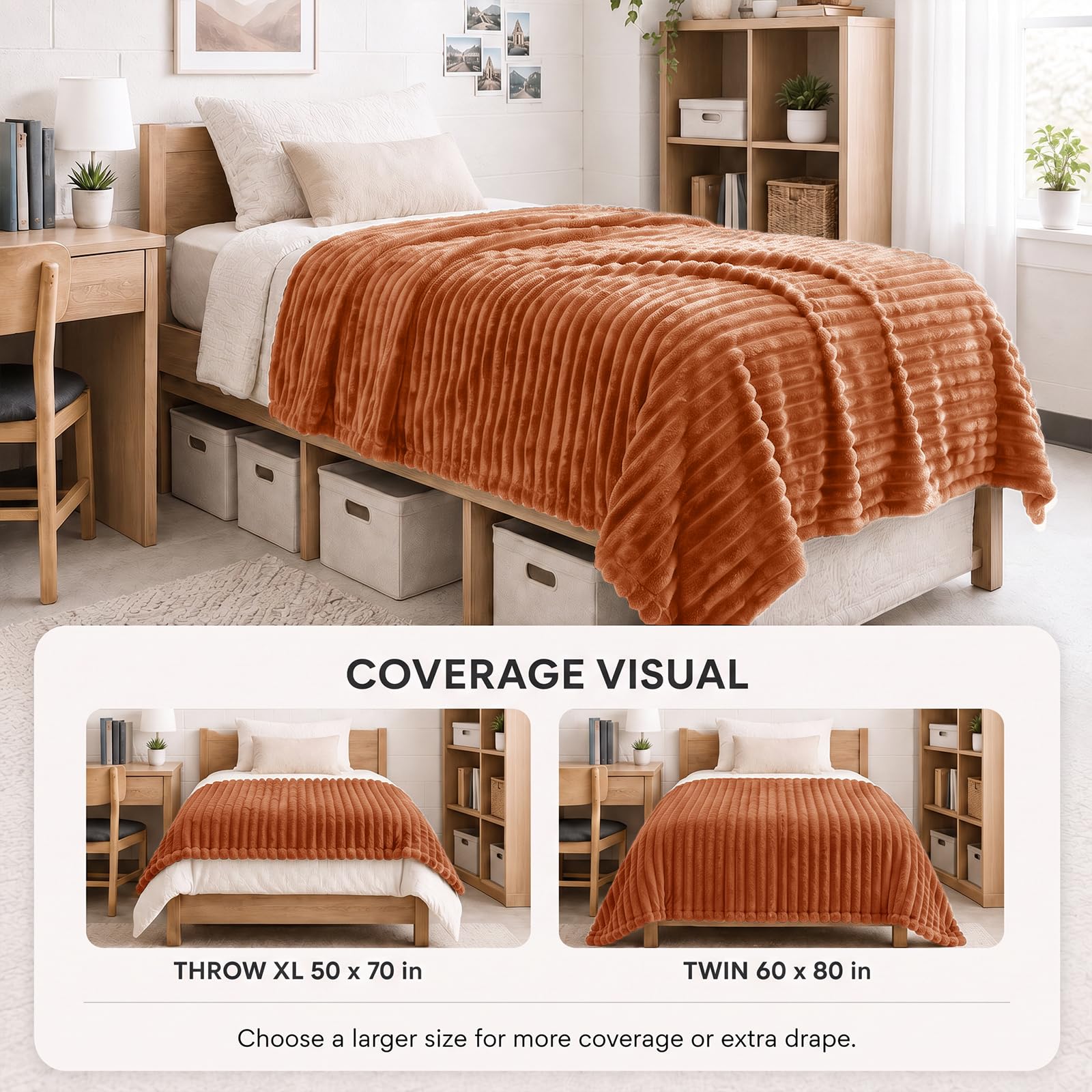 HIMEET Burnt Orange Twin Blanket for Bed, 300GSM Ribbed Fleece, 60 x 80 in view 3