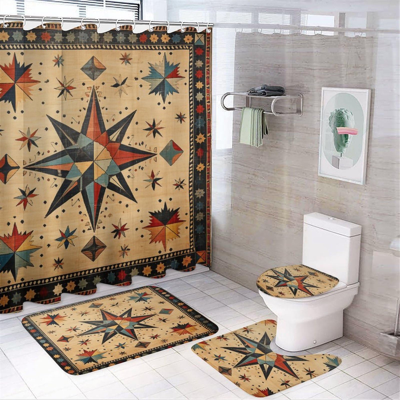 Subwest Set da bagno moderno arancione nero grigio con tenda da doccia e accessori tappeti, tenda da doccia astratta moderna arancione grigio decorazione per il bagno 4 pezzi