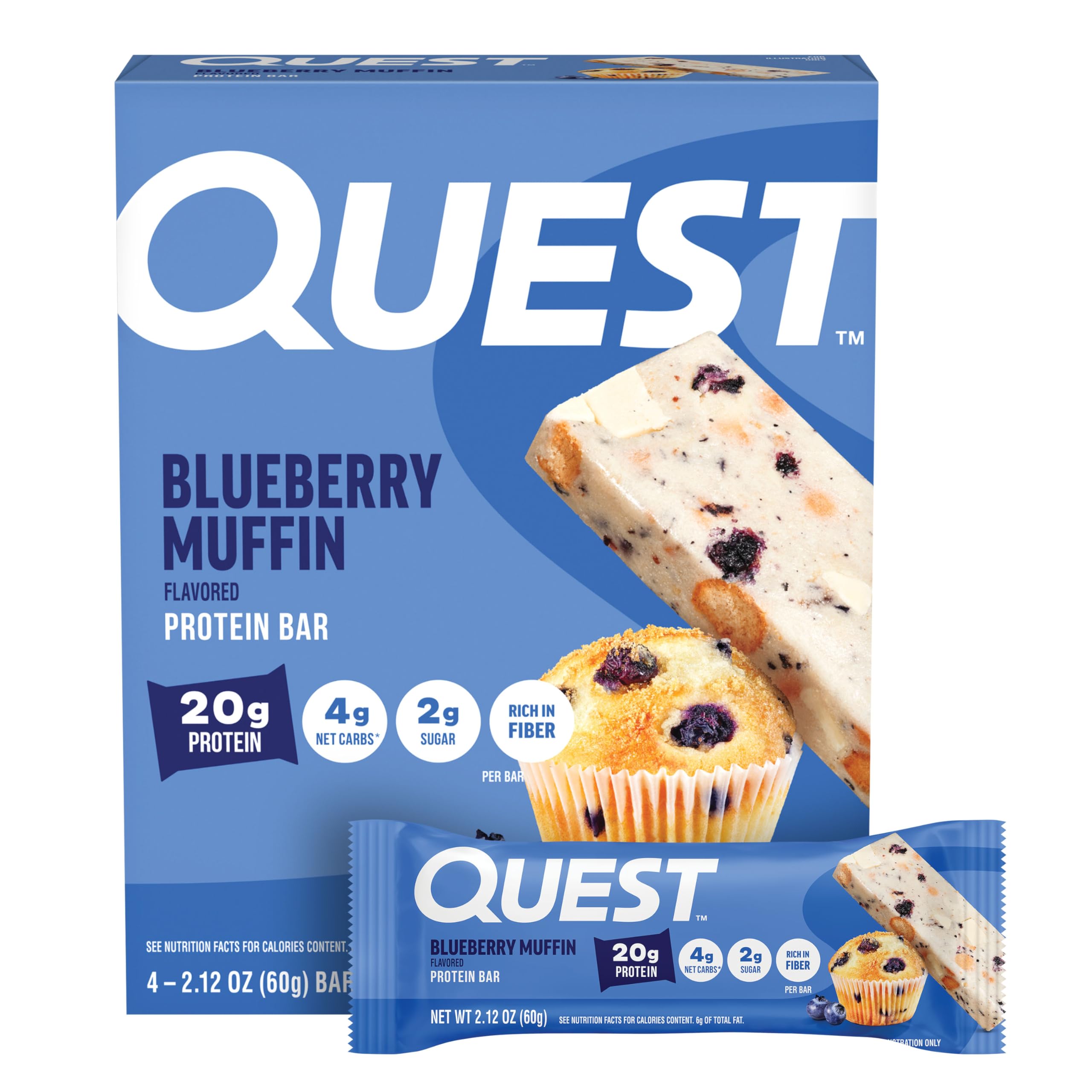 Nutrition Blueberry Muffin Protein Bars, 20g Protein, 5g Net Carbs, 2g Sugar, High Fiber, Gluten Free, Keto Friendly, 4 Count