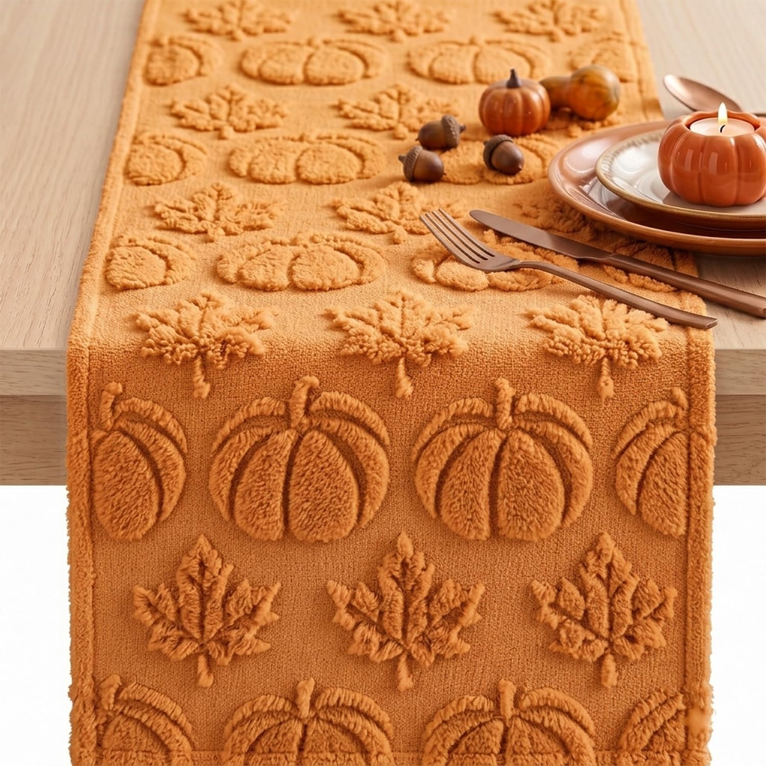 Autumn Table Runner Caramel Pumpkin Maple Leaf 33 x 183 cm