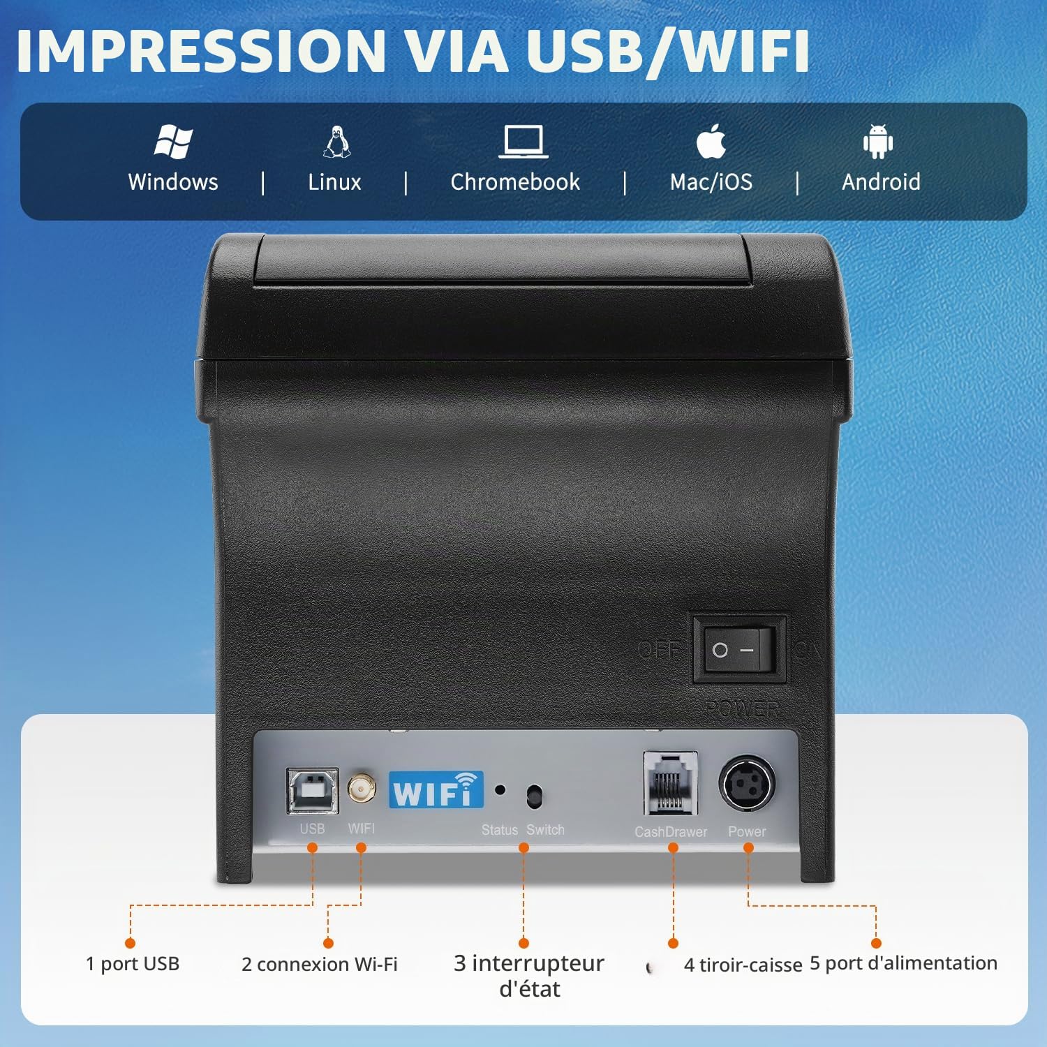 NETUM Imprimante POS WiFi avec Massicot Automatique, Imprimante Thermique 80mm, Ports USB WiFi Compatible Tiroir-Caisse, ESC/POS, Modèle NT-806
