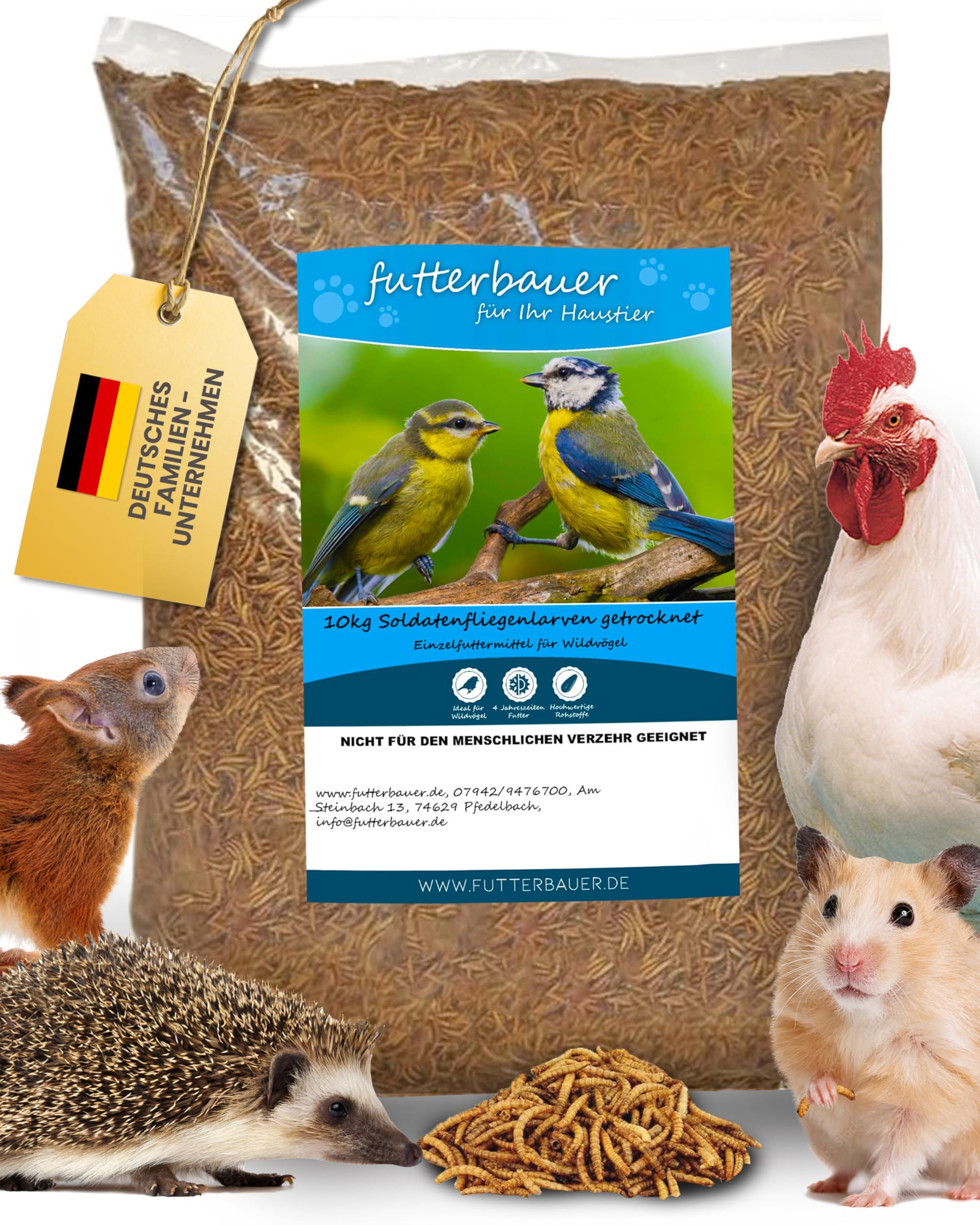 Futterbauer 10kg Soldatenfliegenlarven getrocknet Premium Vogelfutter Fischfutter Futter für Reptilien und Nager Proteinreiches Naturfutter wie Mehlwürmer