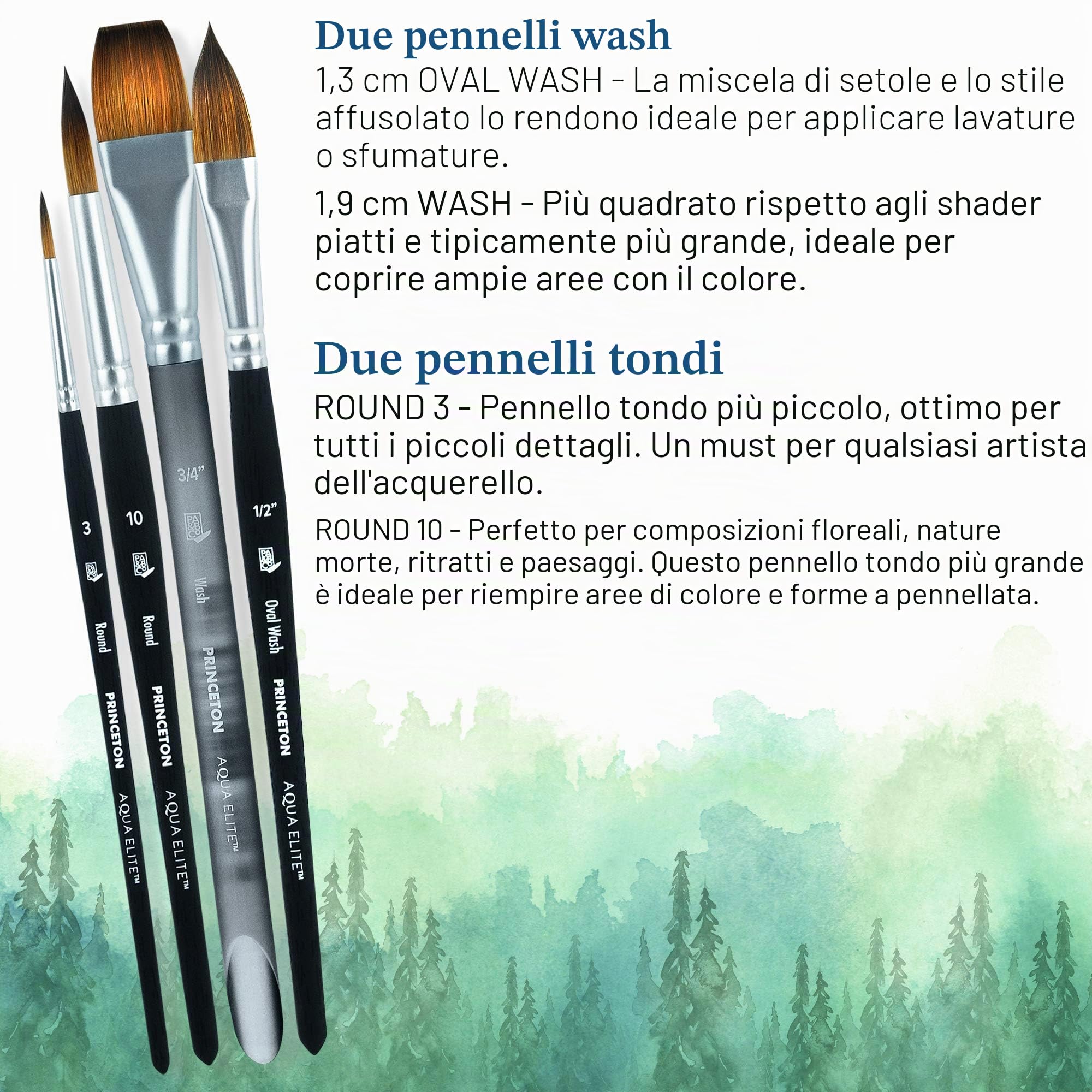 Princeton Artist Brush Co. Aqua Elite - Pennelli professionali per acquerelli, serie 4850, set di 4 pennelli sintetici Kolinsky in zibellino per acquerelli, pennelli per acquerelli o guazzo, pennelli