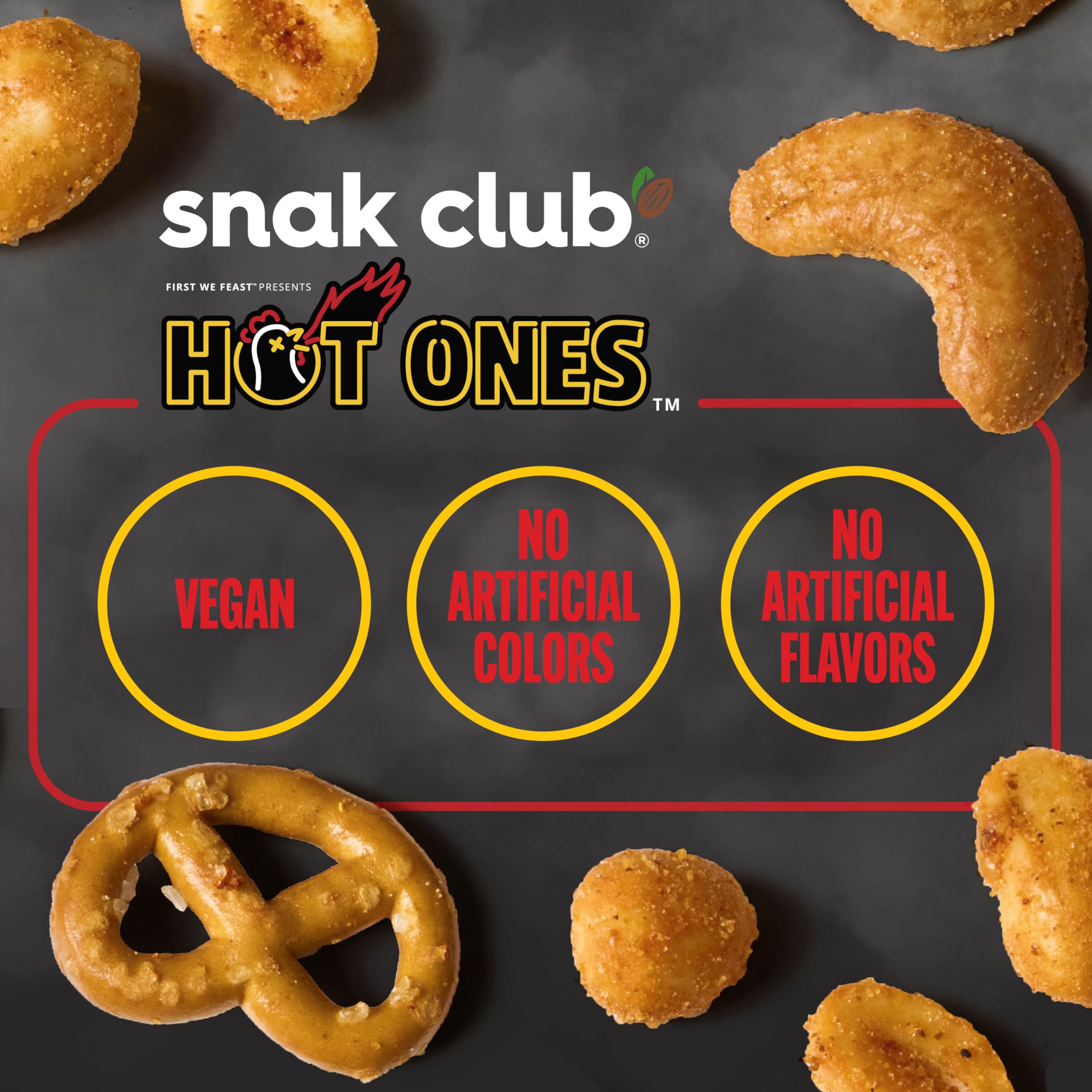 Snak Club Hot Ones Snack-Mix, Hot Habanero, Sweet Smoky und Tangy Chili, würzige Snacks mit Erdnüssen, Brezeln, Sesamstäbchen, gerösteter Mais, Cashews, veganer Snack, wiederverschließbare Beutel, 3