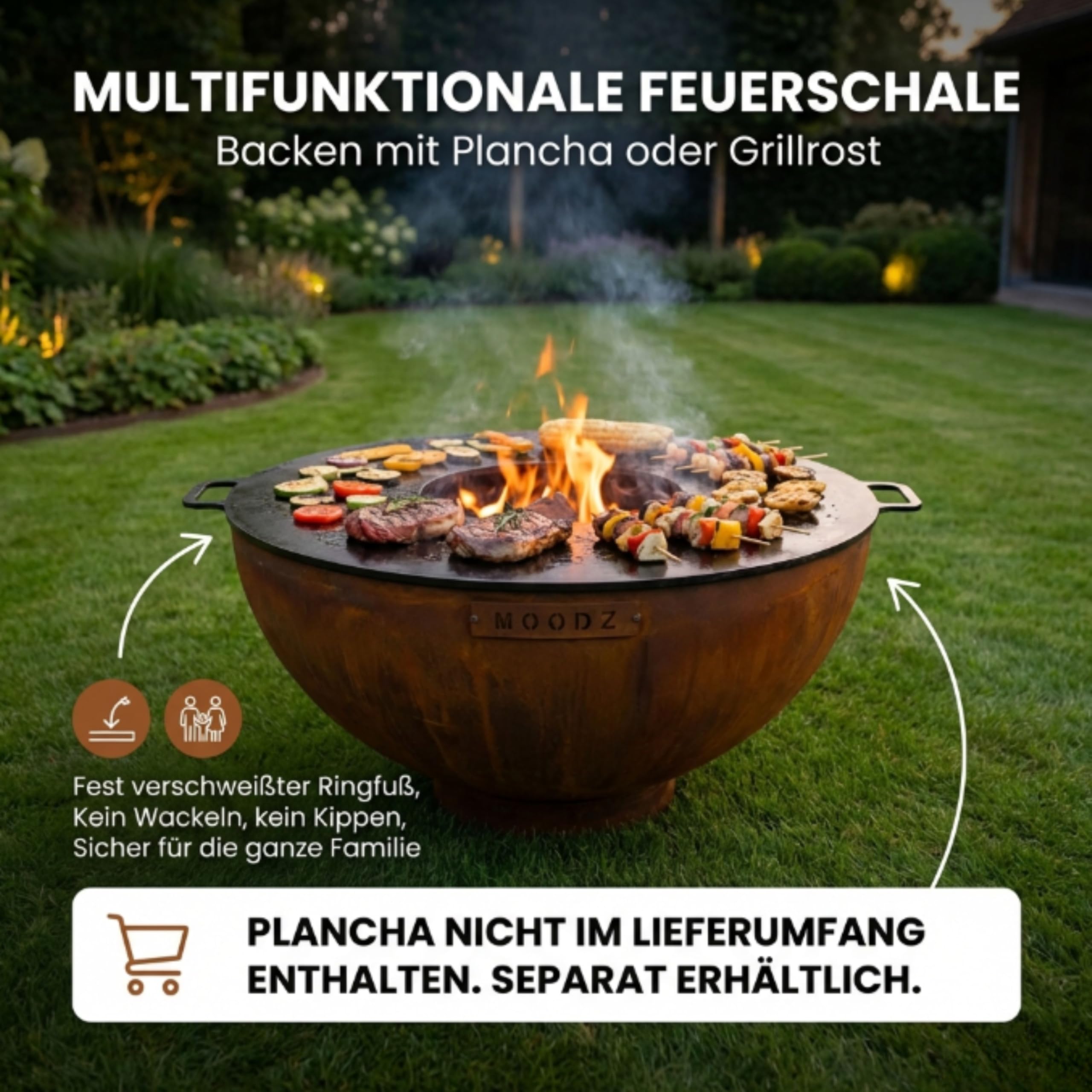 MOODZ Feuerstelle Dome – Hochwertige Feuerschale 80 cm aus 3mm Cortenstahl – Robuste Gartenfeuerstelle für Draußen – Witterungsbeständig & Langlebig – Design Outdoor Feuerkorb